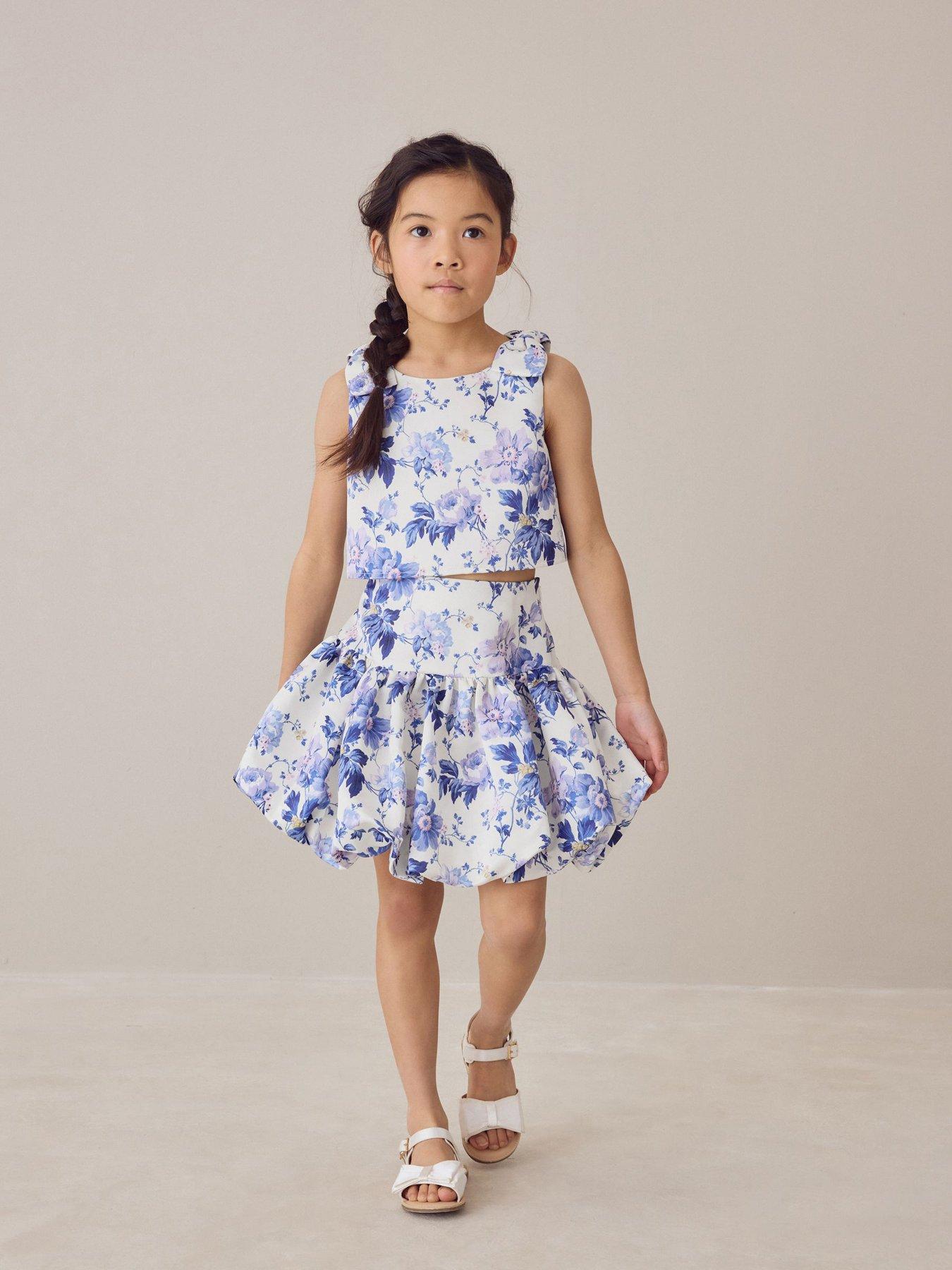 Laura Ashley Younger Girls Peony Garden Top and Skirt Set - White/Blue