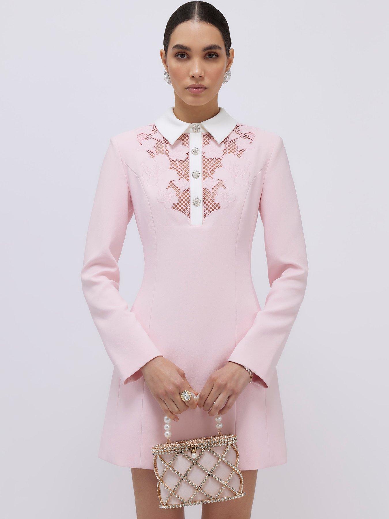 River Island Long Sleeve Lace Trim Collared Mini Dress - Pink