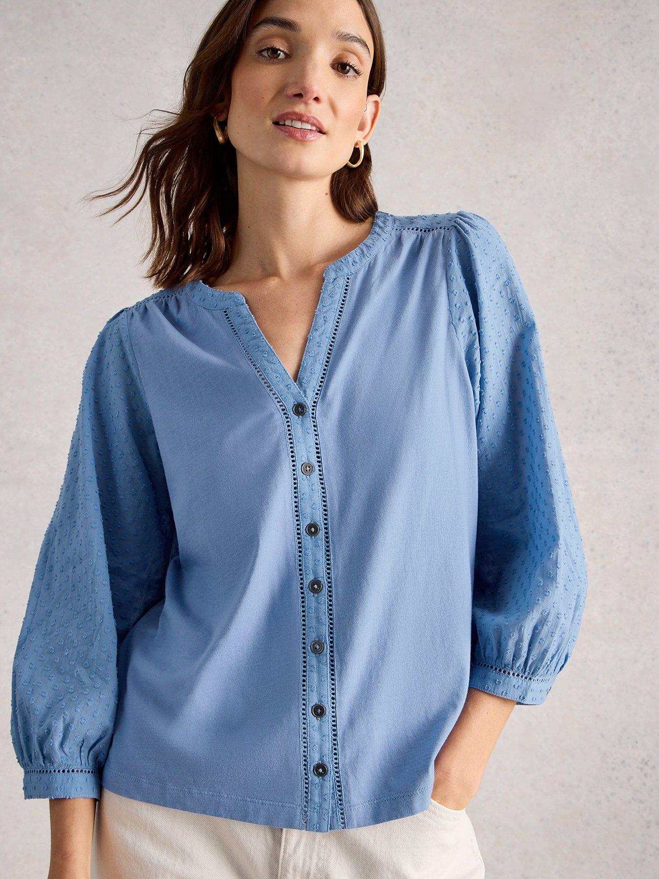 front image of white-stuff-daisy-dobby-mix-top-blue