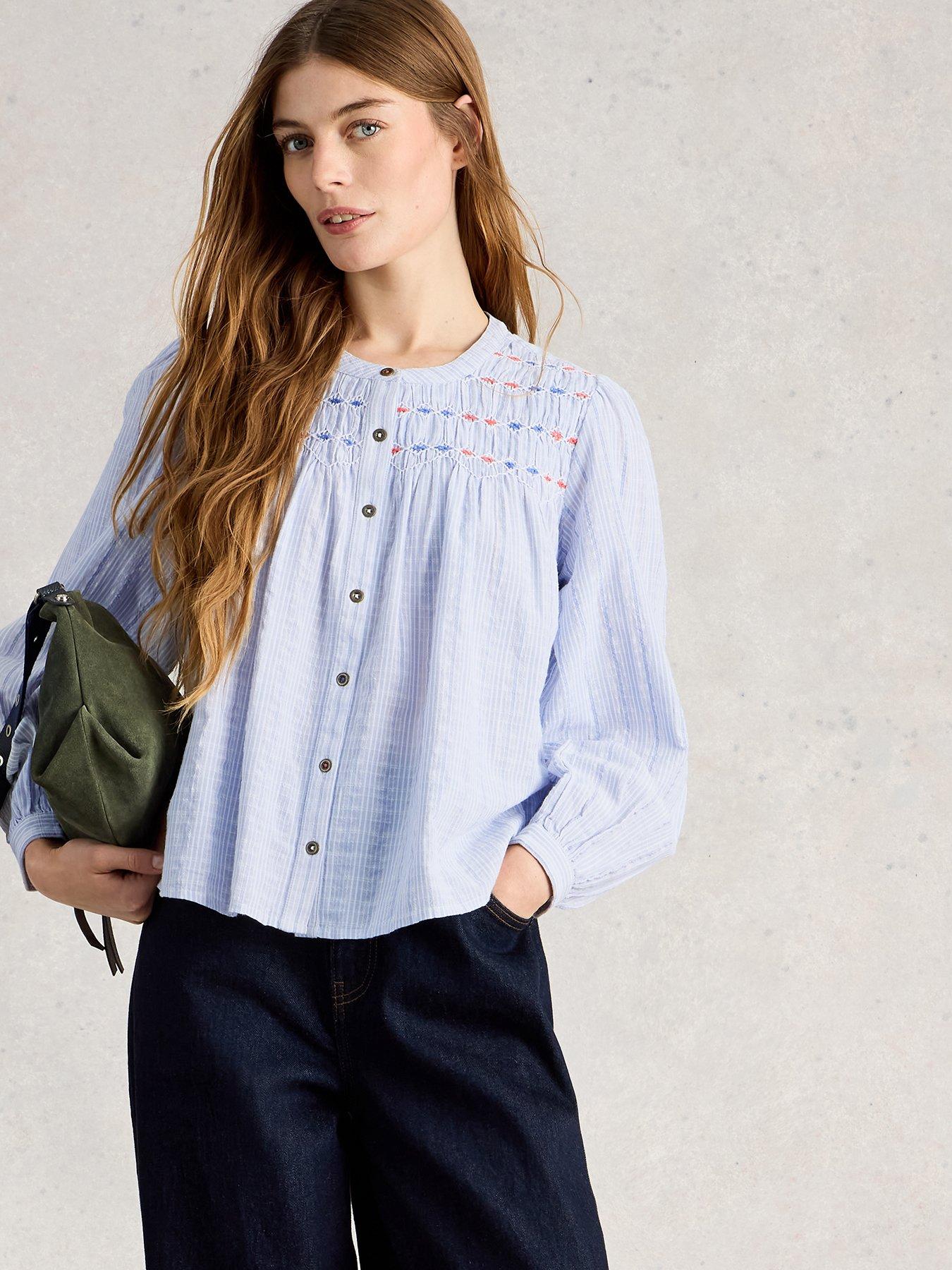 front image of white-stuff-sammy-smock-top-blue