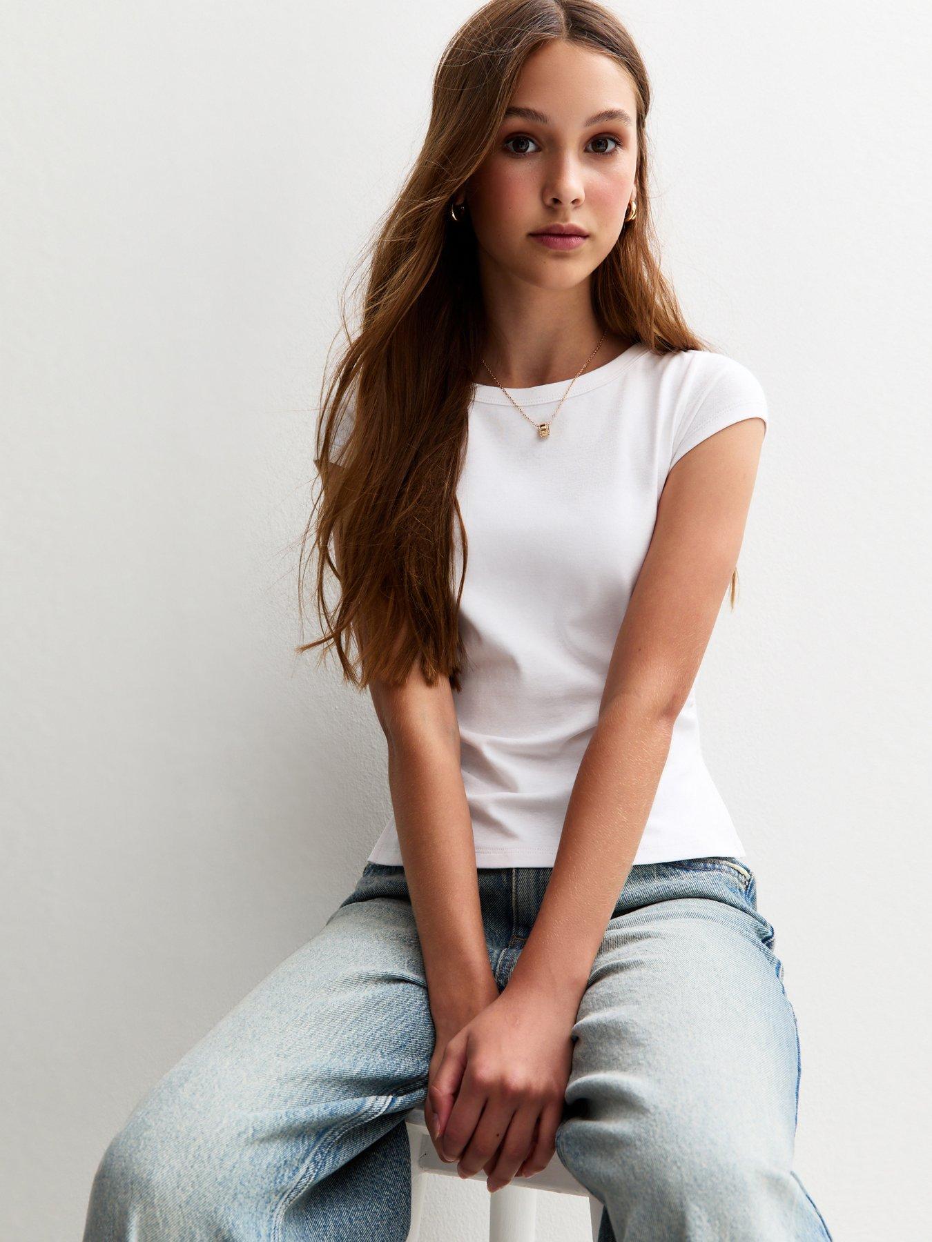Image 1 of 5 of New Look 915 Girls Split Side Ruched Cap Sleeve Top - White