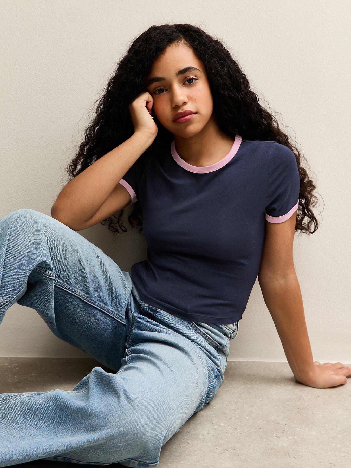 New Look 915 Girls Contrast Trim Crew Neck T-Shirt - Dark Blue