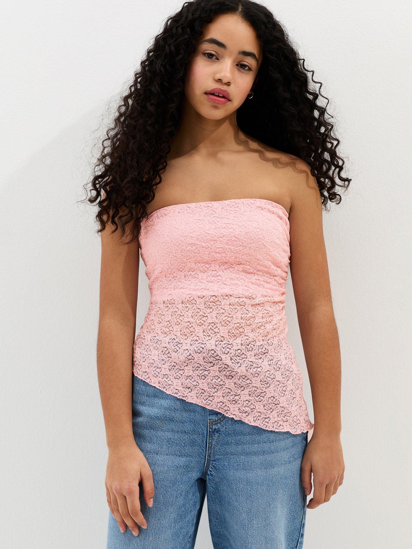 Image 1 of 5 of New Look 915 Girls Jersey Lace Asymmetric Bandeau Top - Light Pink