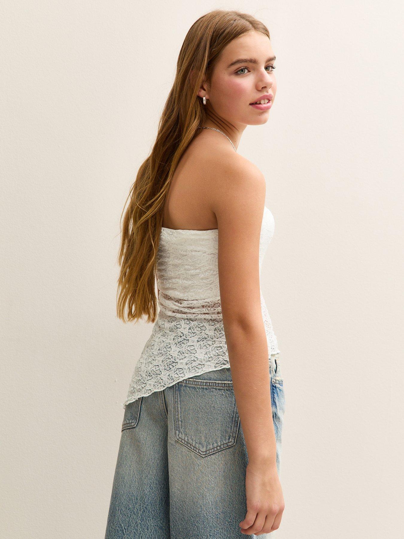 Image 2 of 5 of New Look 915 Girls Jersey Lace Asymmetric Bandeau Top - White