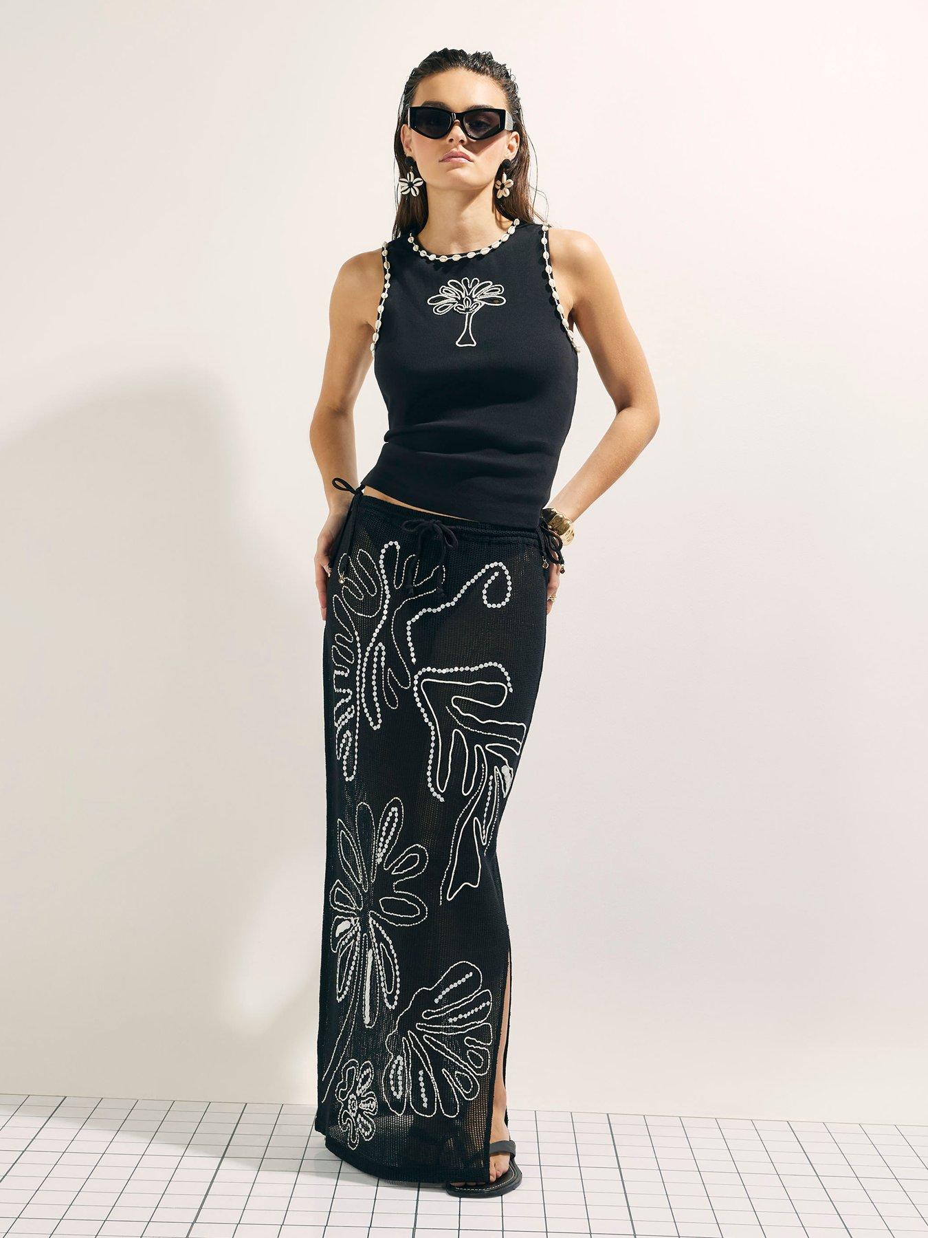 Image 1 of 4 of River Island Cutwork Palm Tree Ribbed Vest - Black