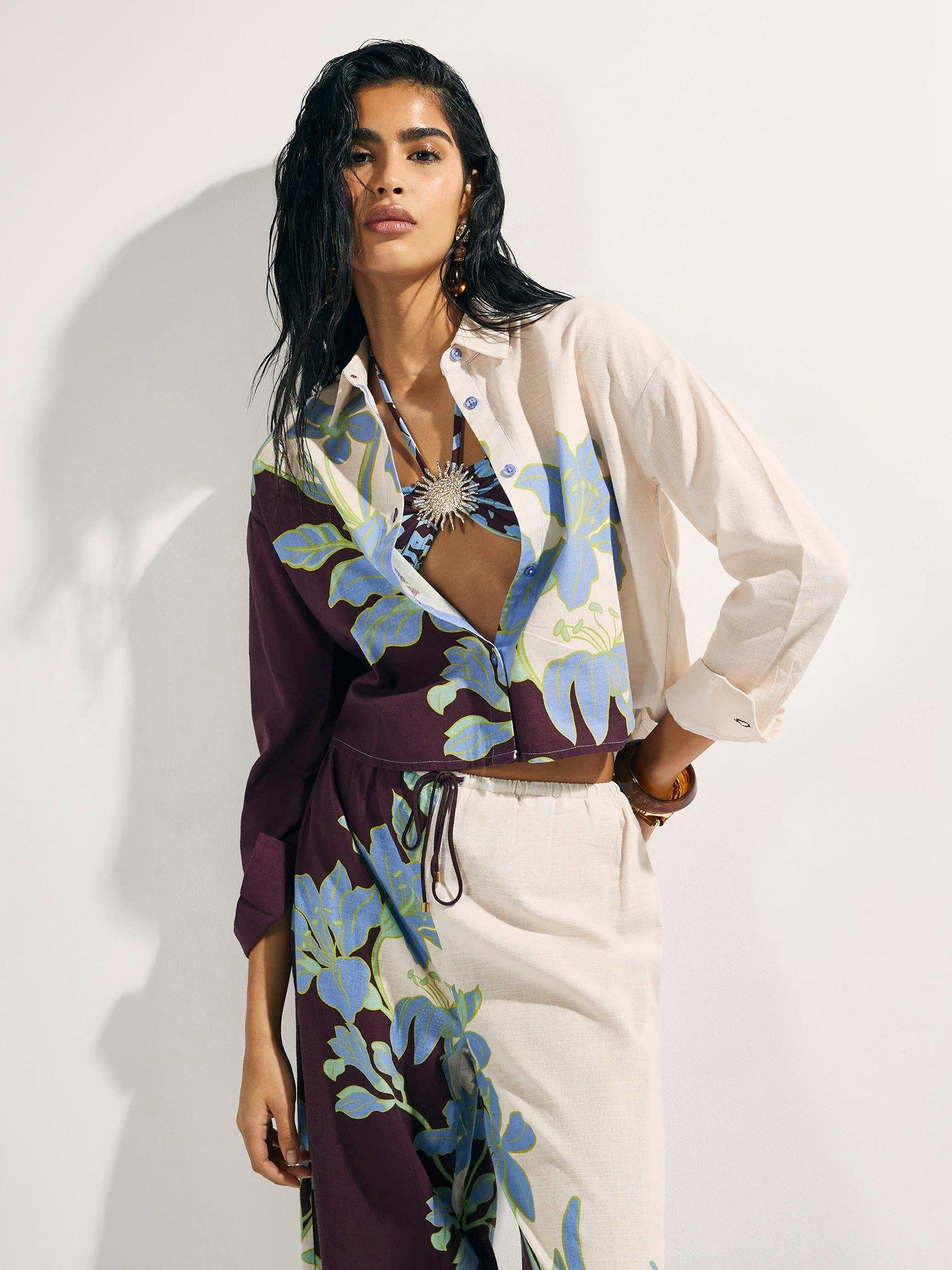 River Island Floral Border Beach Shirt - Cream