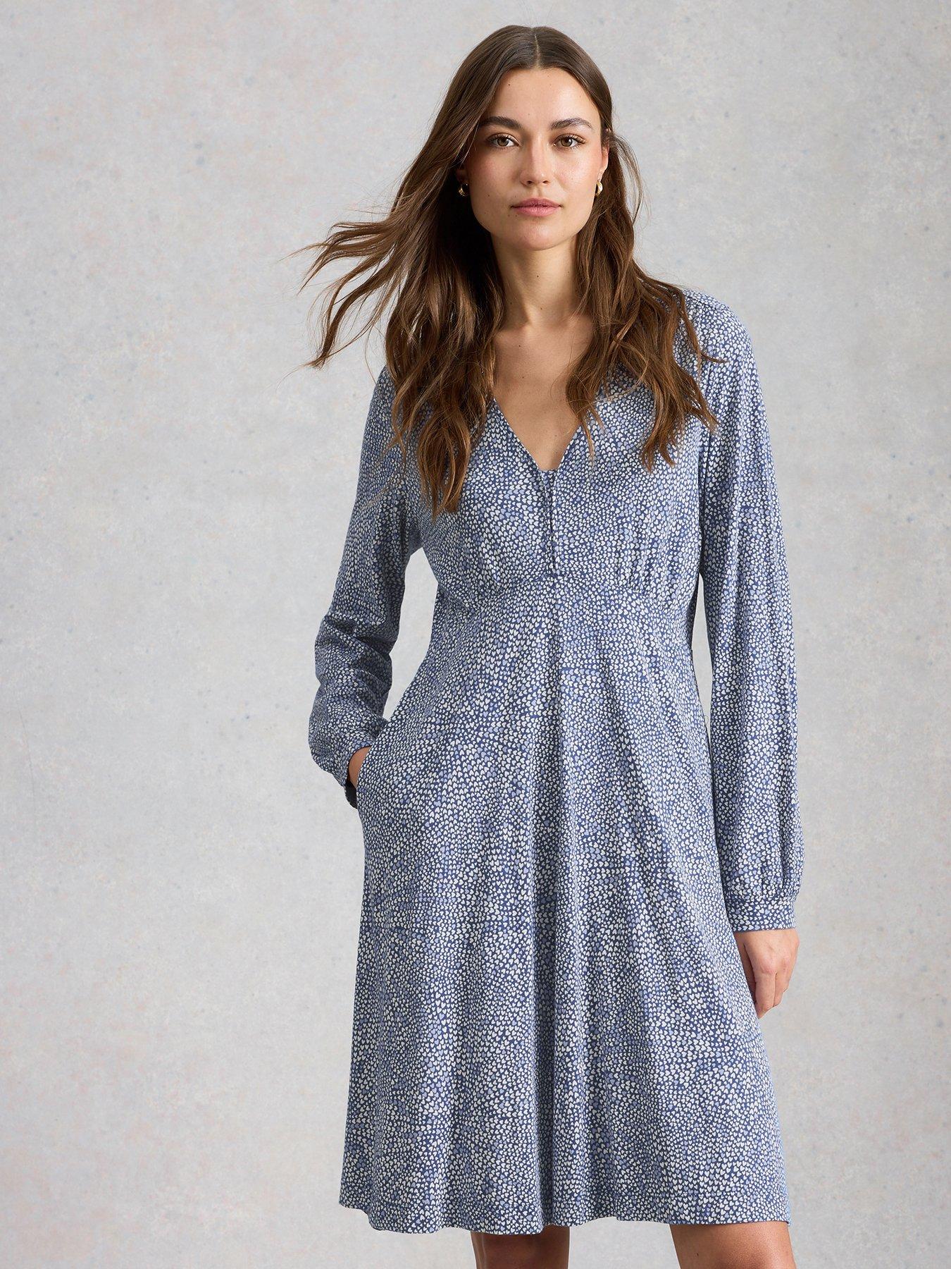 White Stuff Meg Knee Length Love Heart Print Jersey Dress - Blue