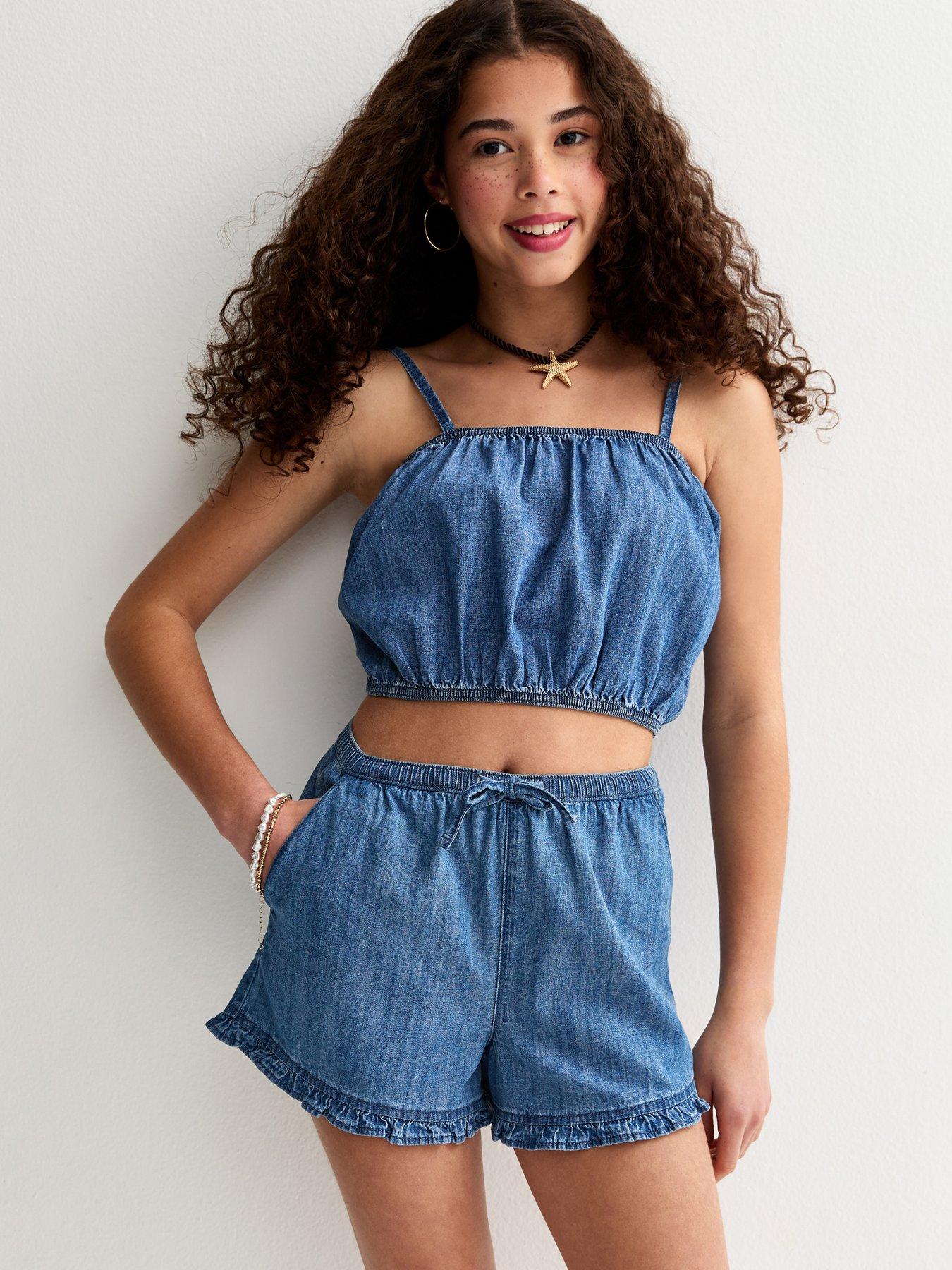 New Look 915 Girls Blue Chambray Frill Shorts