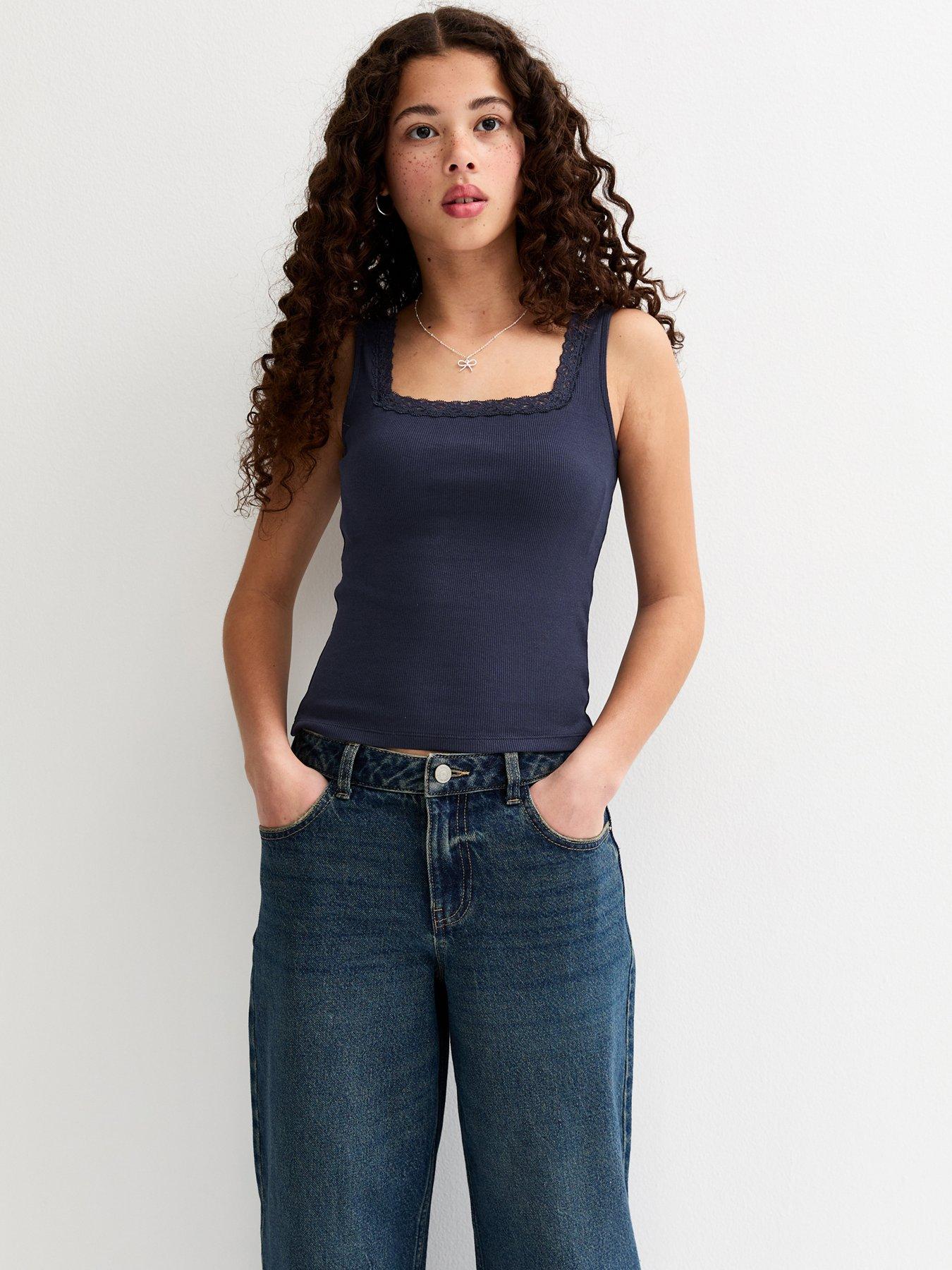 New Look 915 Girls Navy Lace Trim Square Neck Vest Top