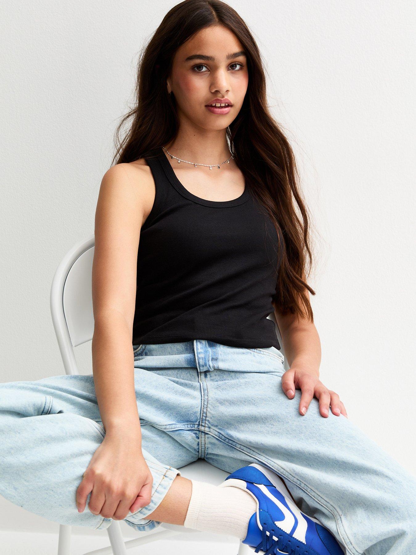 Image 1 of 4 of New Look 915 Girls Scoop Neck Ribbed Vest Top - Black