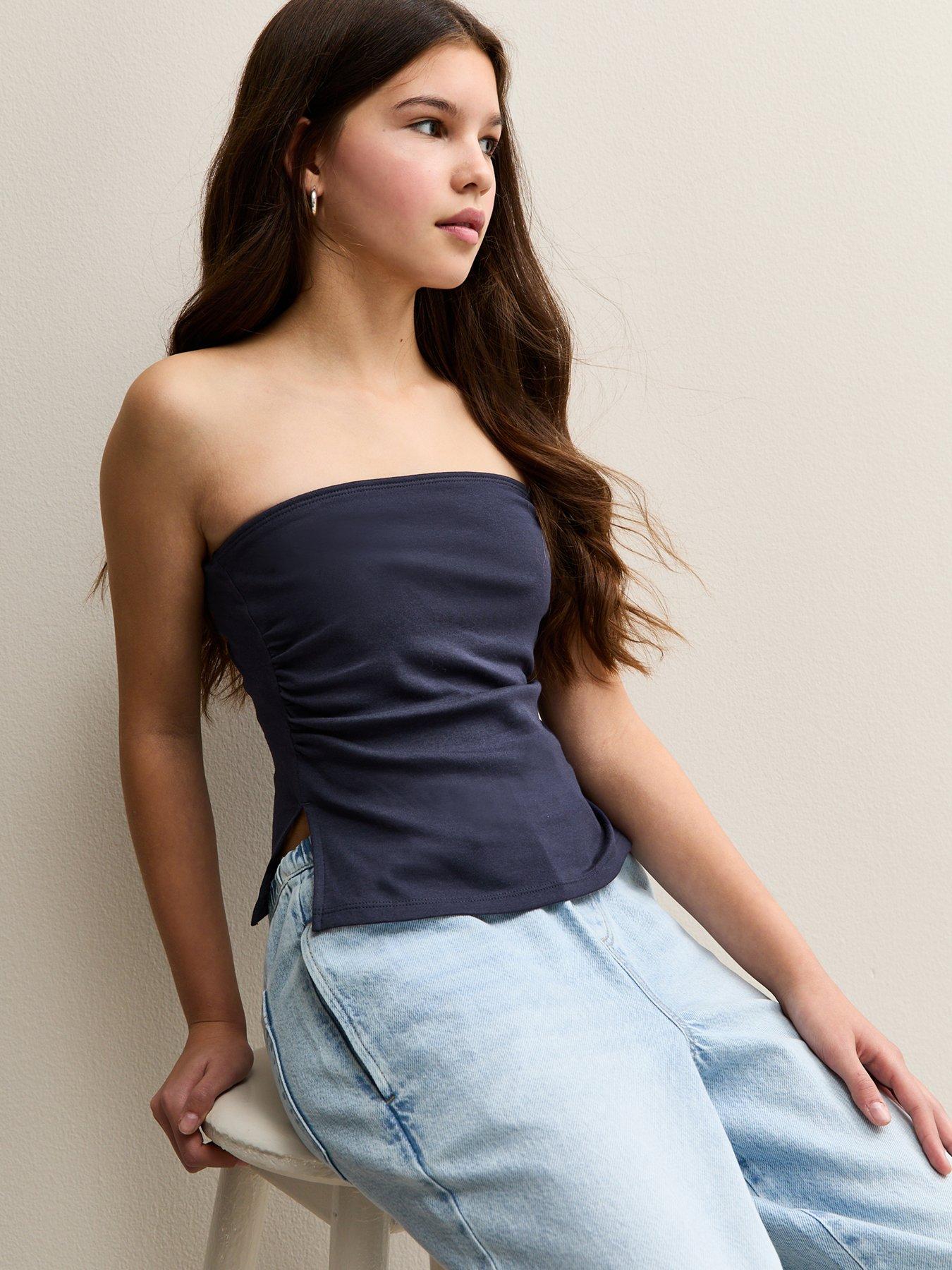 New Look 915 Girls Ruched Side Bandeau Top - Navy