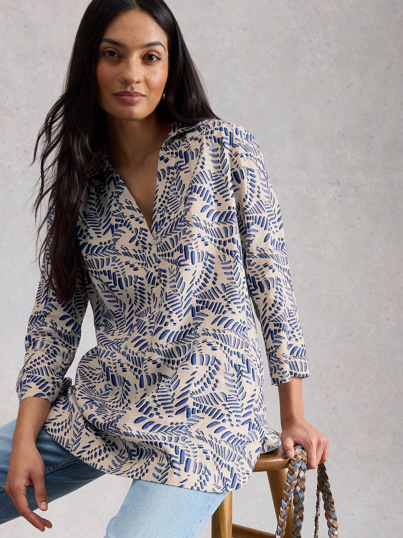  image of white-stuff-bianca-linen-notch-neck-tunic-ivory-print