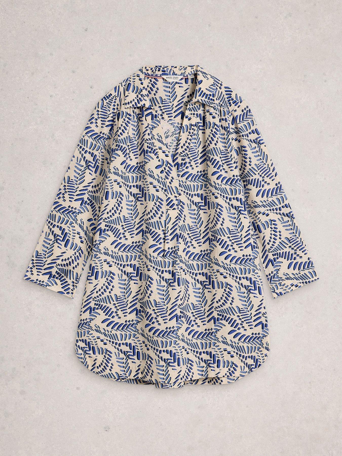  image of white-stuff-bianca-linen-notch-neck-tunic-ivory-print