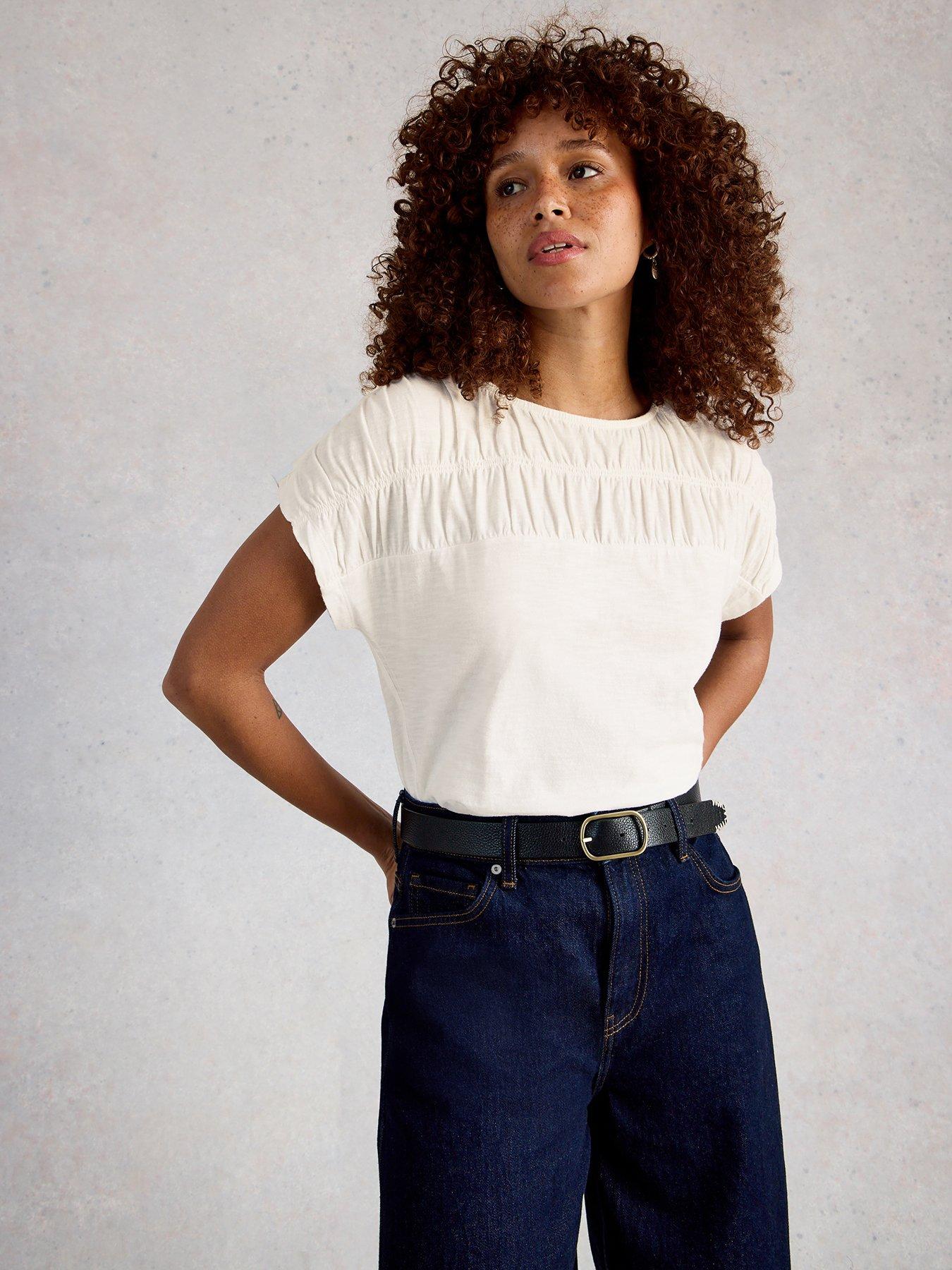 Image 1 of 6 of White Stuff Shirred Regular Round Neck Tops - White