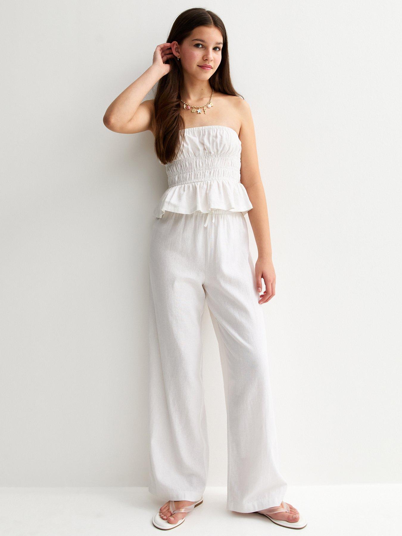 New Look 915 Girls Linen Blend Wide Leg Trousers - White