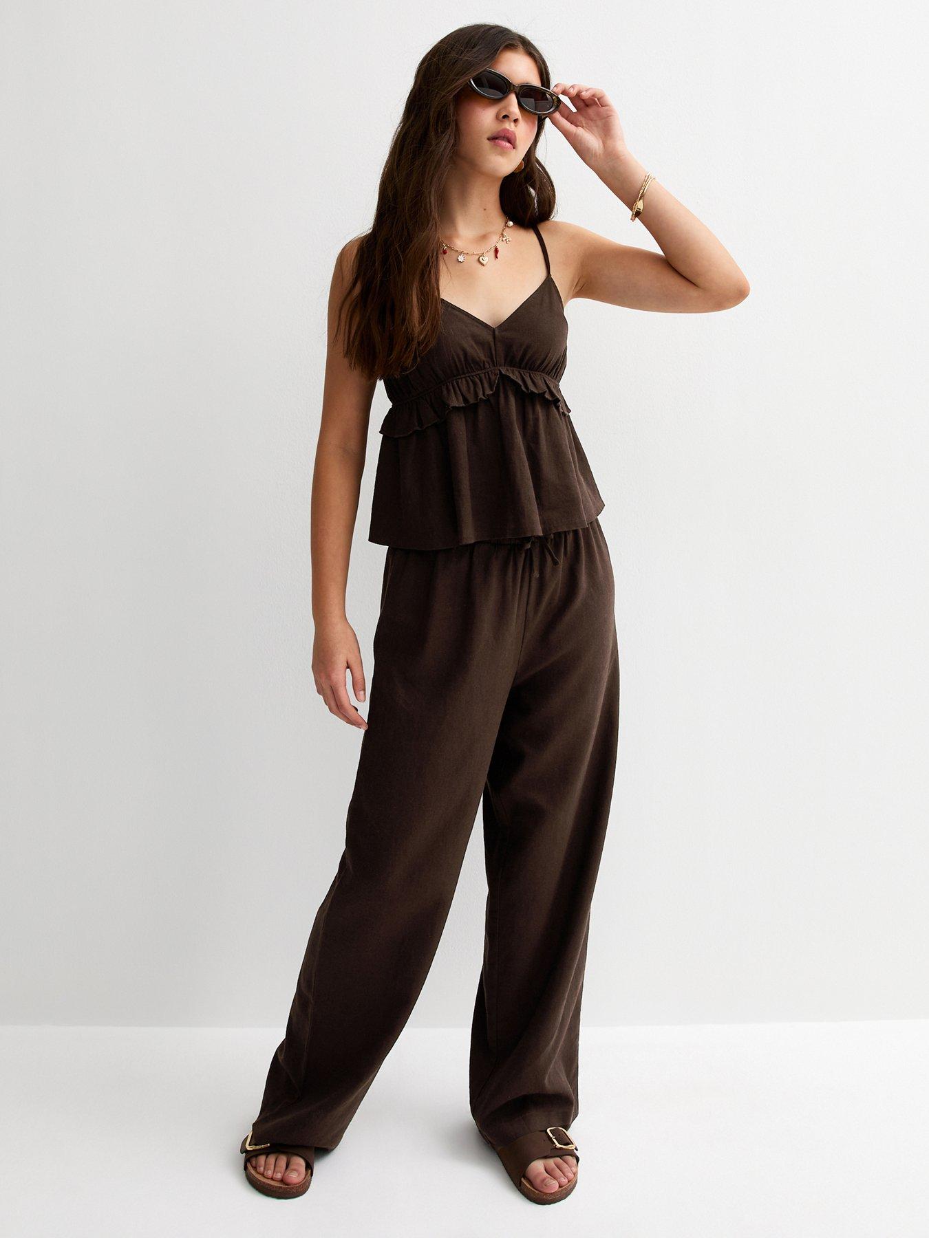 New Look 915 Girls Linen Blend Wide Leg Trousers - Dark Brown