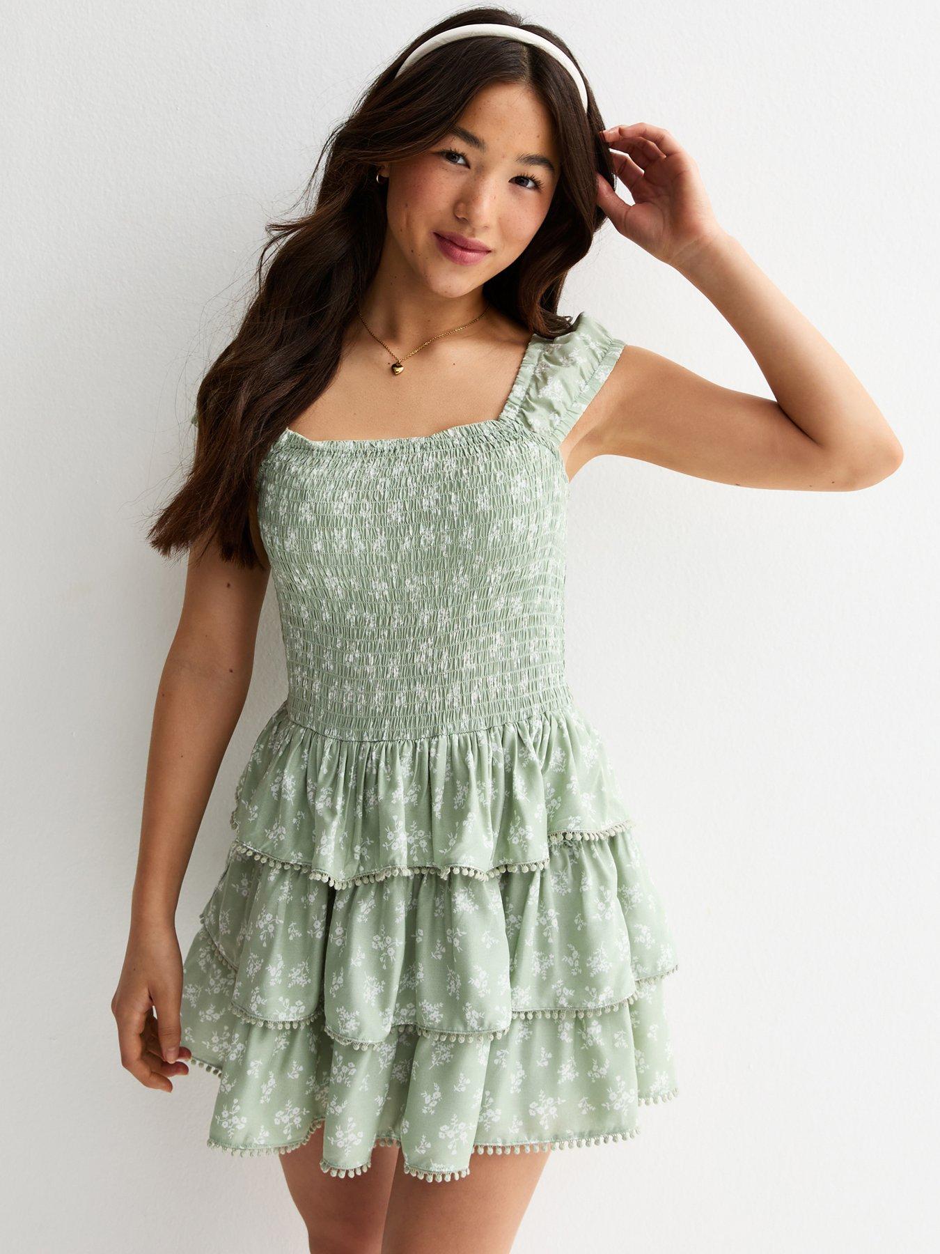 New Look 915 Girls Green Floral Shirred Rara Mini Dress