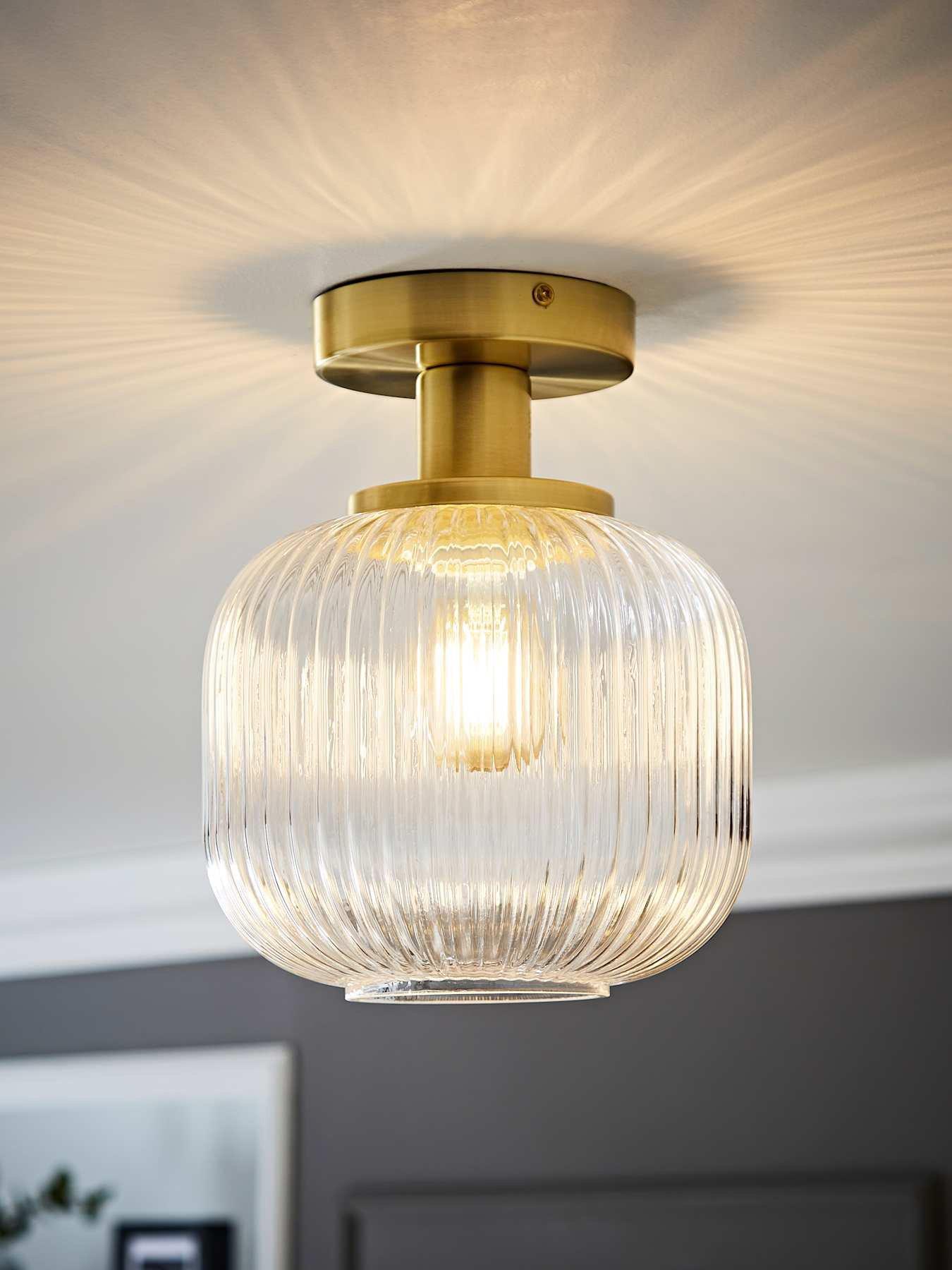  image of valuelights-calpe-gold-semi-flush-ceiling-light-with-ribbed-clear-glass-shade