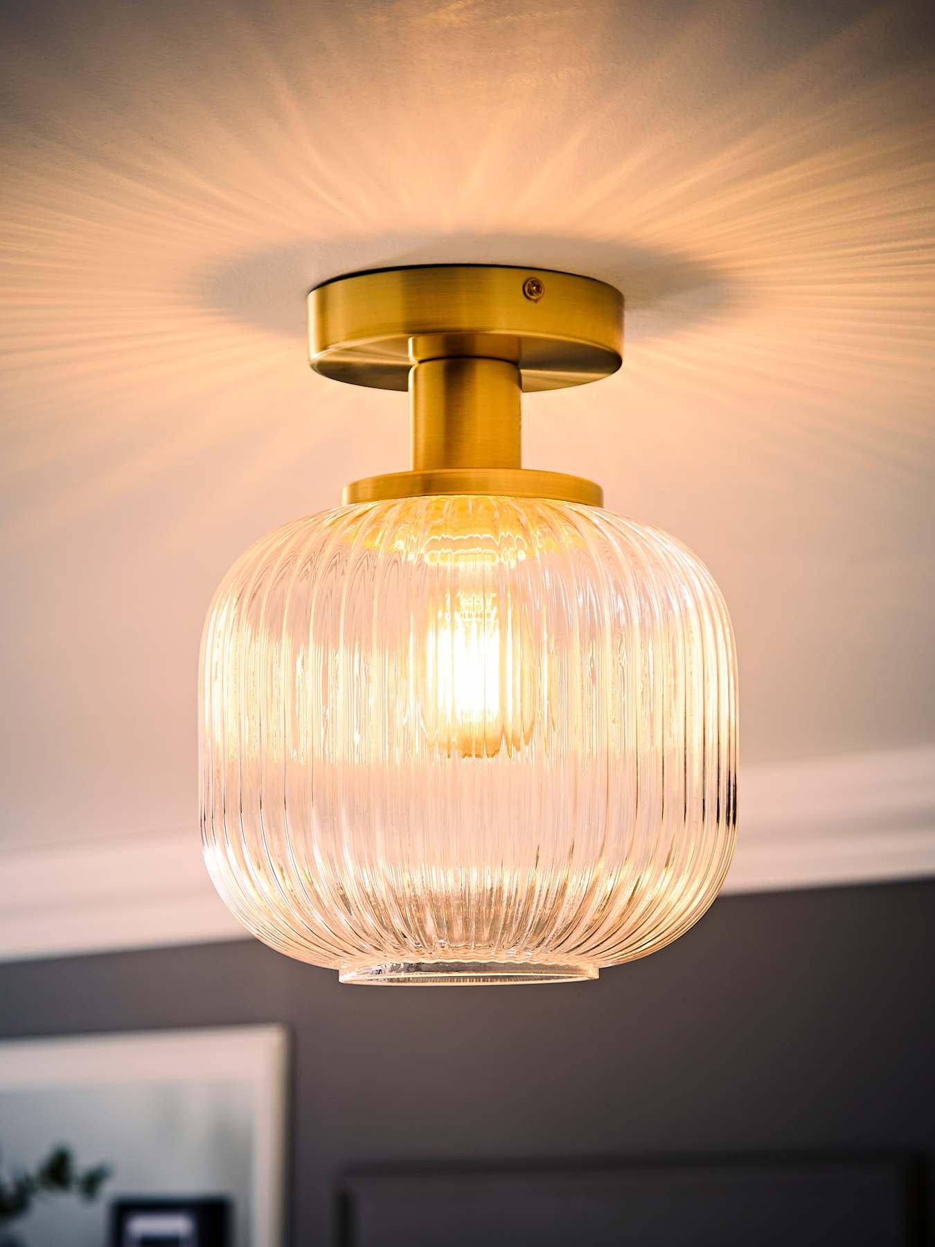  image of valuelights-calpe-gold-semi-flush-ceiling-light-with-ribbed-clear-glass-shade