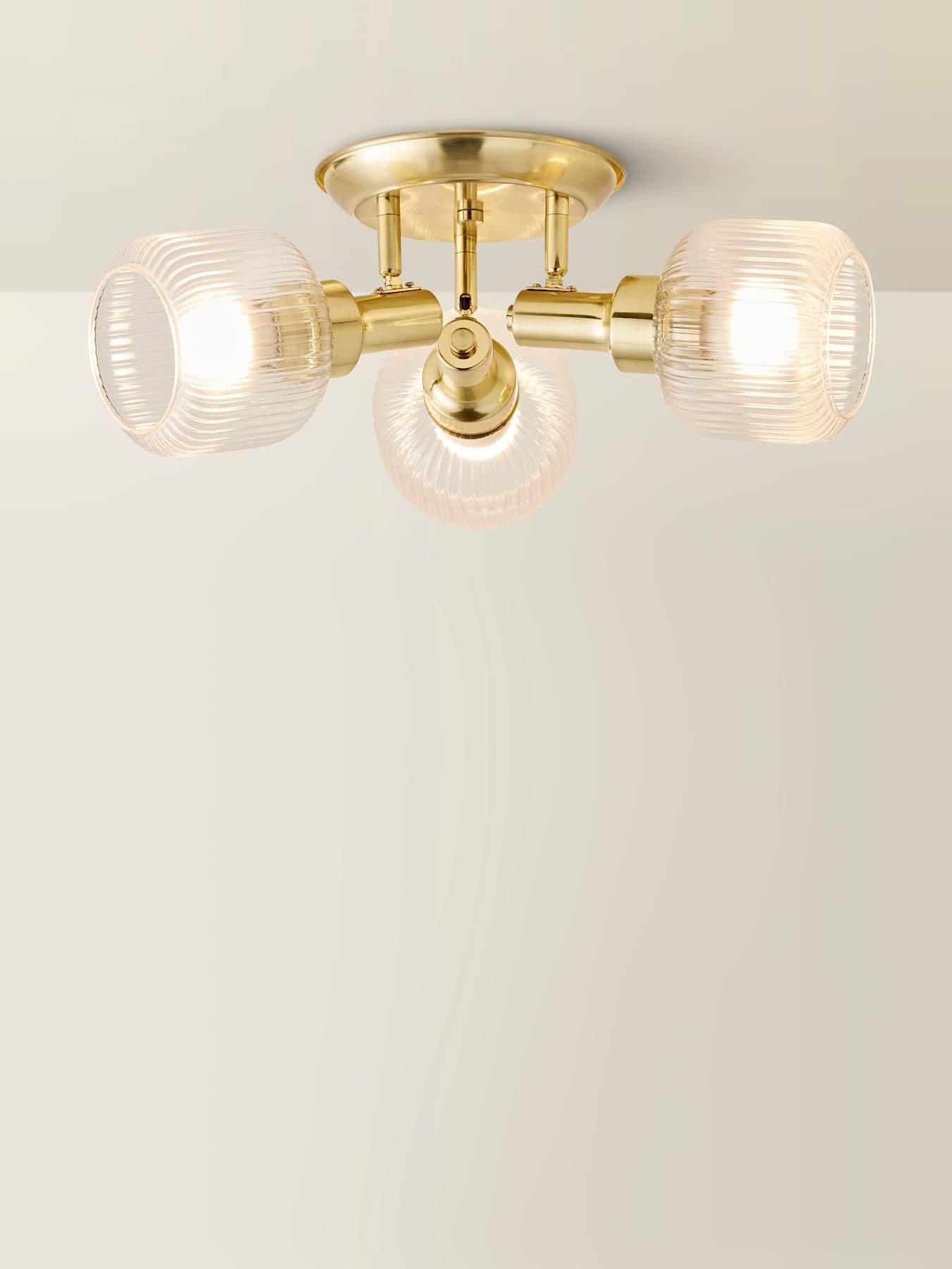 Image 6 of 6 of ValueLights Calpe 3 Way Antique Brass Adjustable Ceiling Spotlight with Ribbed Clear Shades