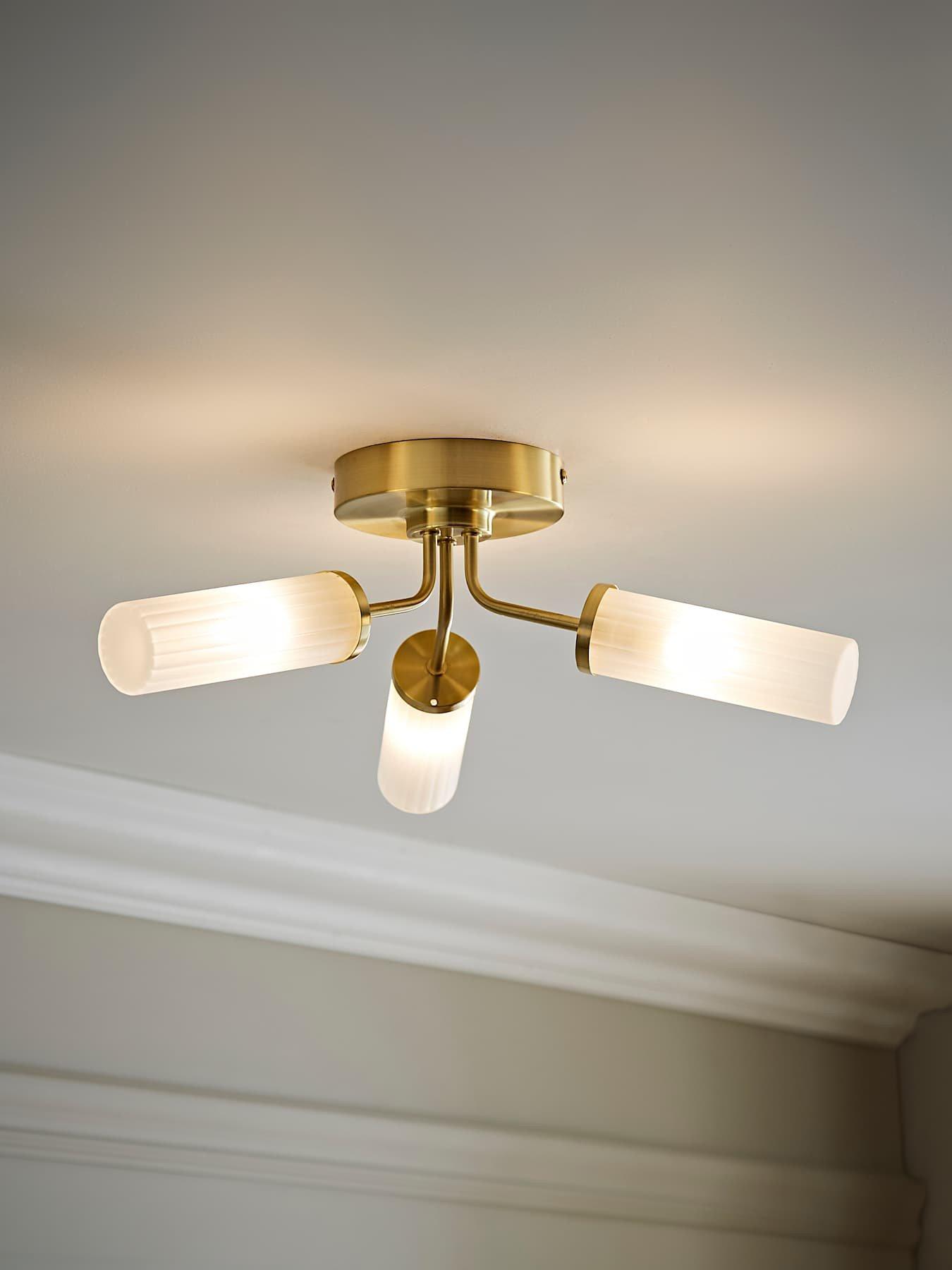 ValueLights Canya Brushed Gold IP44 Rated Bathroom 3 Way Reeded Glass Flush Ceiling Light