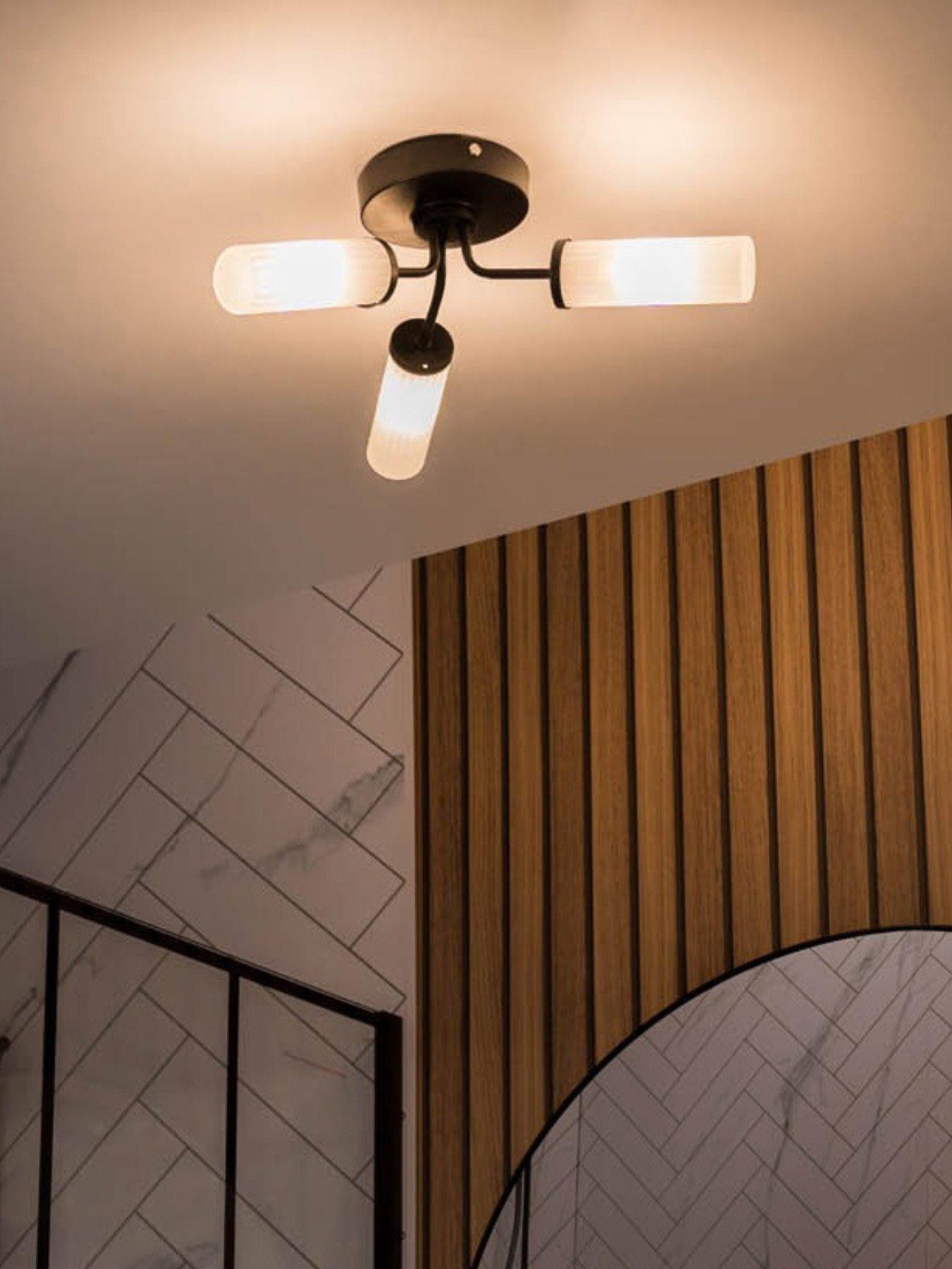 Image 1 of 3 of ValueLights Canya Matte Black IP44 Rated Bathroom 3 Way Reeded Glass Flush Ceiling Light