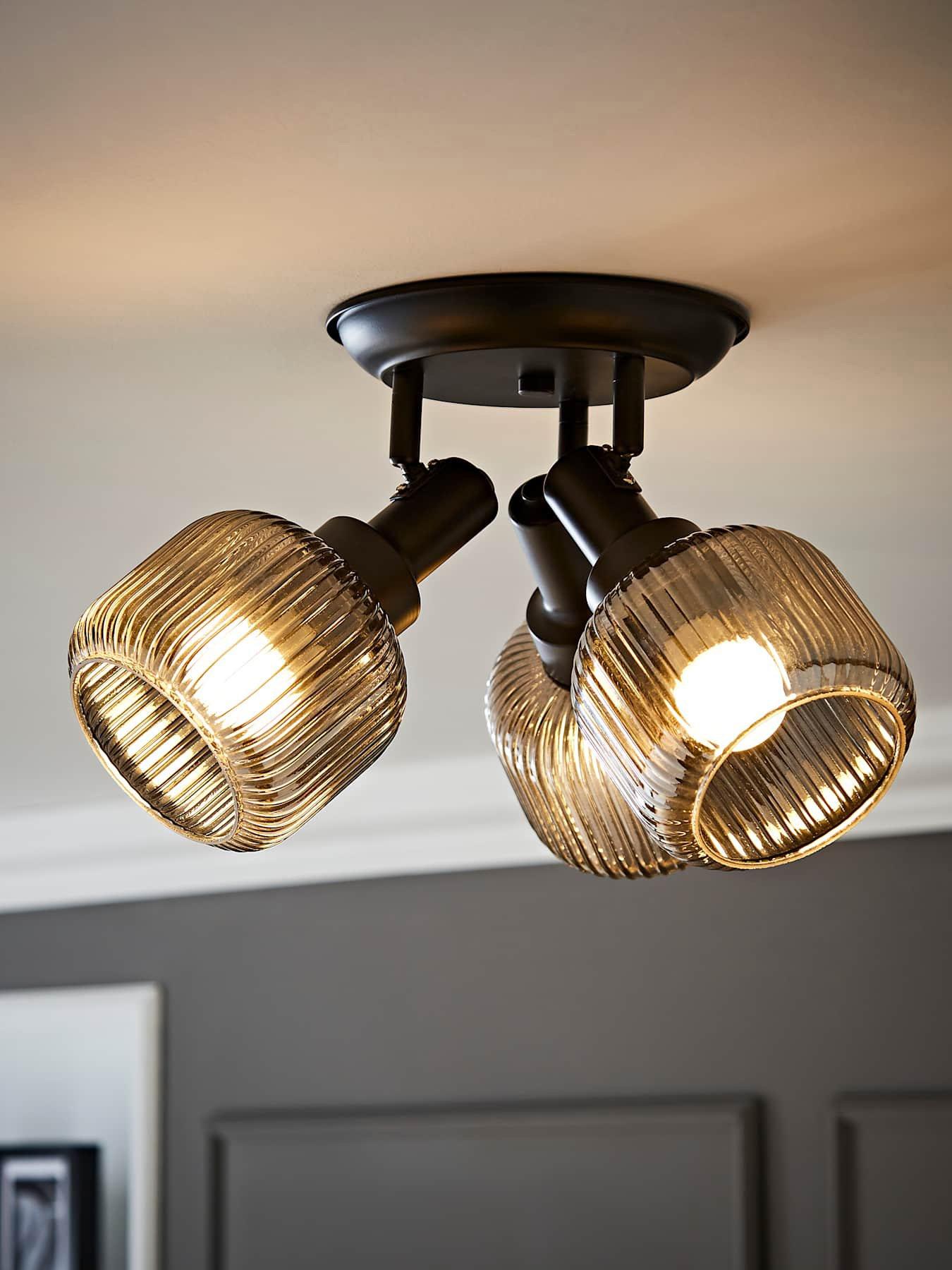 ValueLights Calpe 3 Way Matte Black Adjustable Ceiling Spotlight with Ribbed Smoked Shades