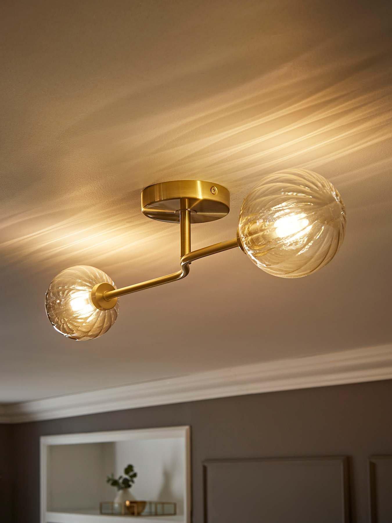 ValueLights Chessy Gold Metal Bar 2 Way Ceiling Light with Amber Ribbed Glass Globe Shades