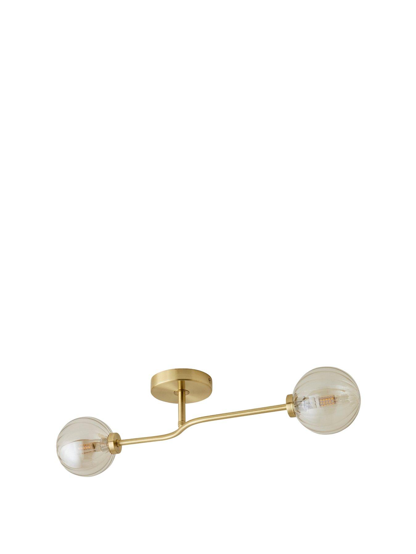 Image 2 of 7 of ValueLights Chessy Gold Metal Bar 2 Way Ceiling Light with Amber Ribbed Glass Globe Shades