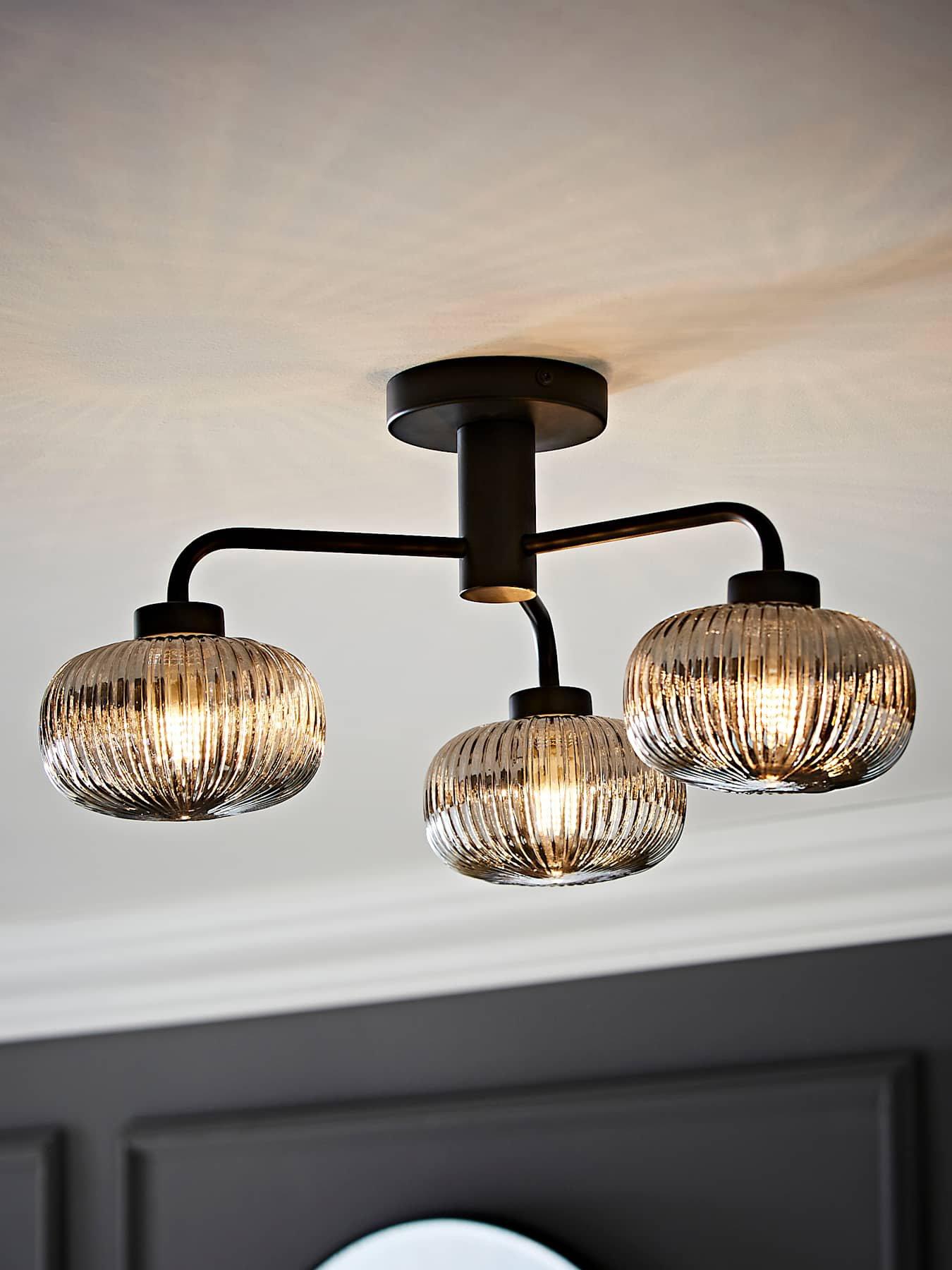 ValueLights Amaia Matte Black IP44 Rated 3 Way Smoked Ribbed Glass Ceiling Light