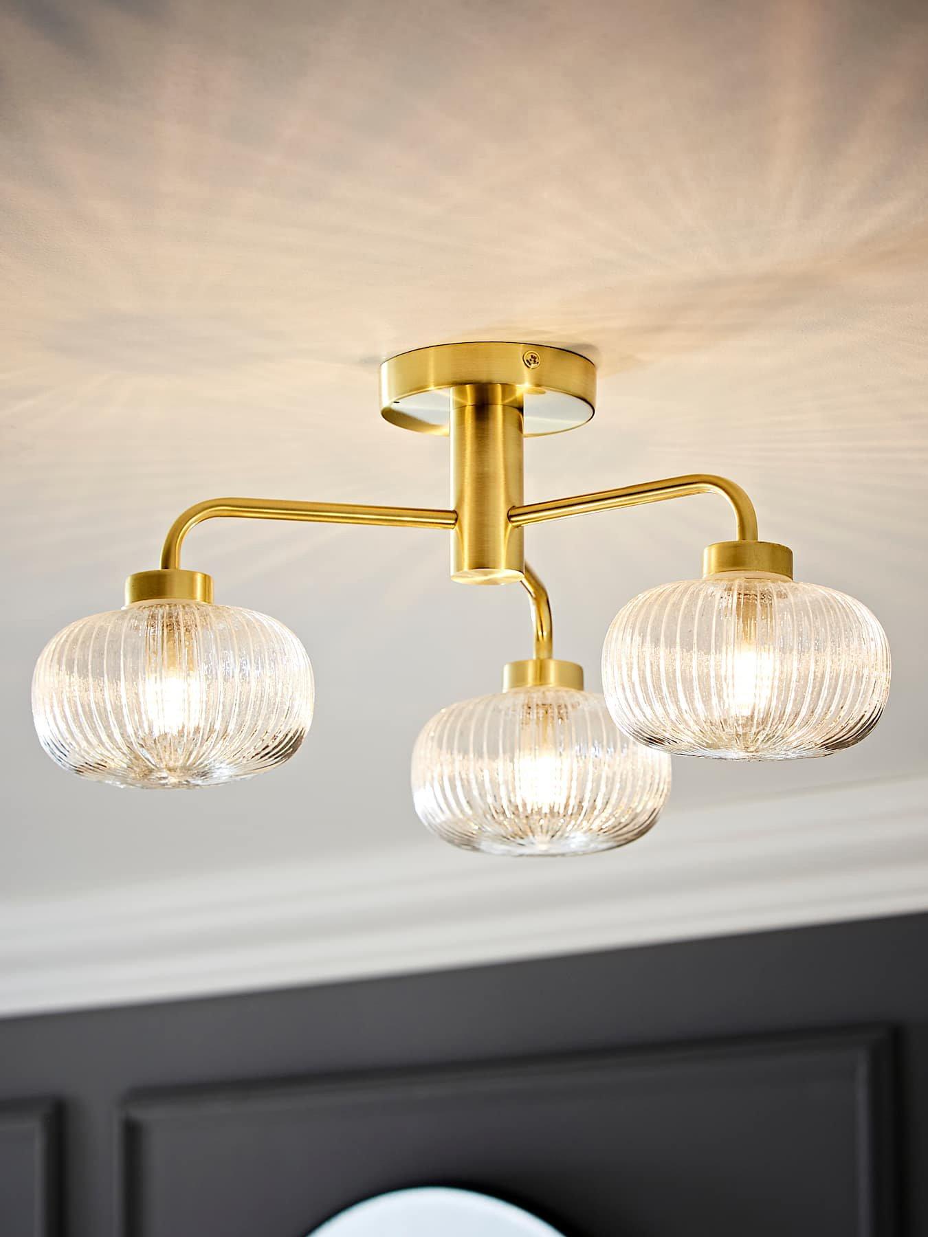 ValueLights Amaia Brushed Gold IP44 Rated 3 Way Clear Ribbed Glass Ceiling Light