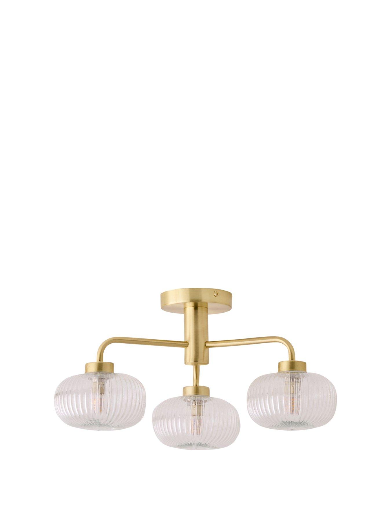 Image 2 of 6 of ValueLights Amaia Brushed Gold IP44 Rated 3 Way Clear Ribbed Glass Ceiling Light