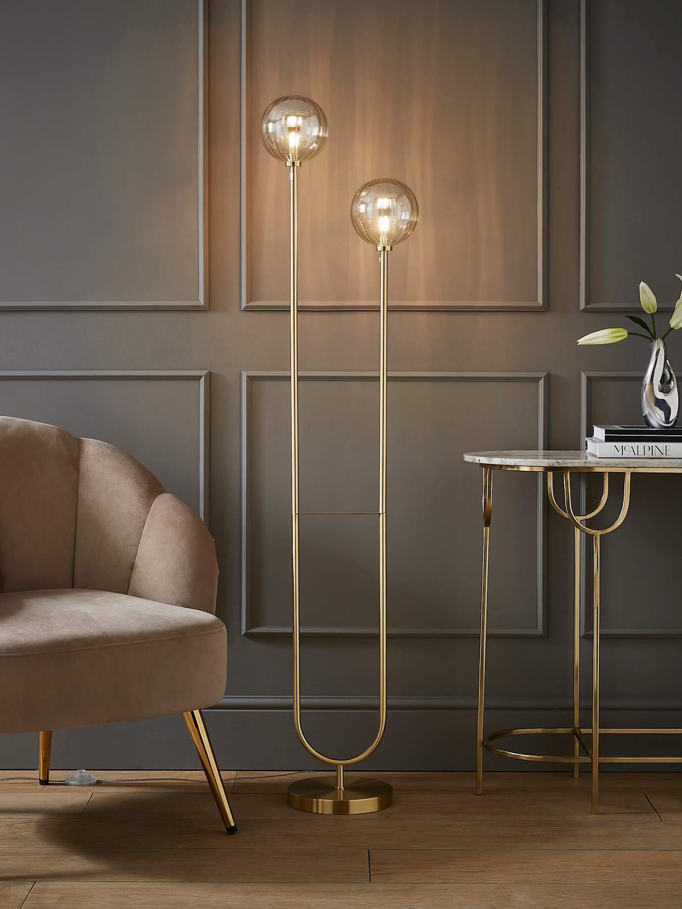 ValueLights Chessy Gold Metal Bar 2 Way Dual Floor Lamp with Amber Ribbed Glass Globe Shades