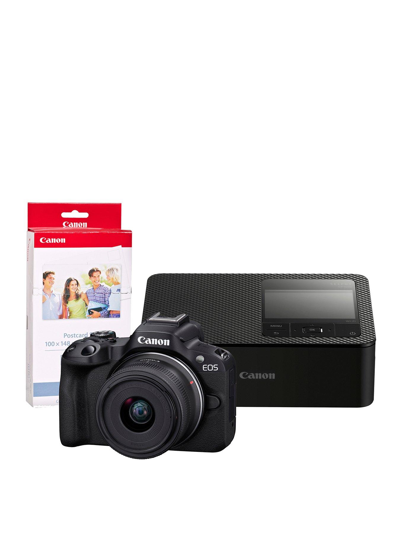 front image of canon-eos-r50-camera-with-rf-s-18-45mm-lens-cp1500-printer-kp-36ip-36-shots-black