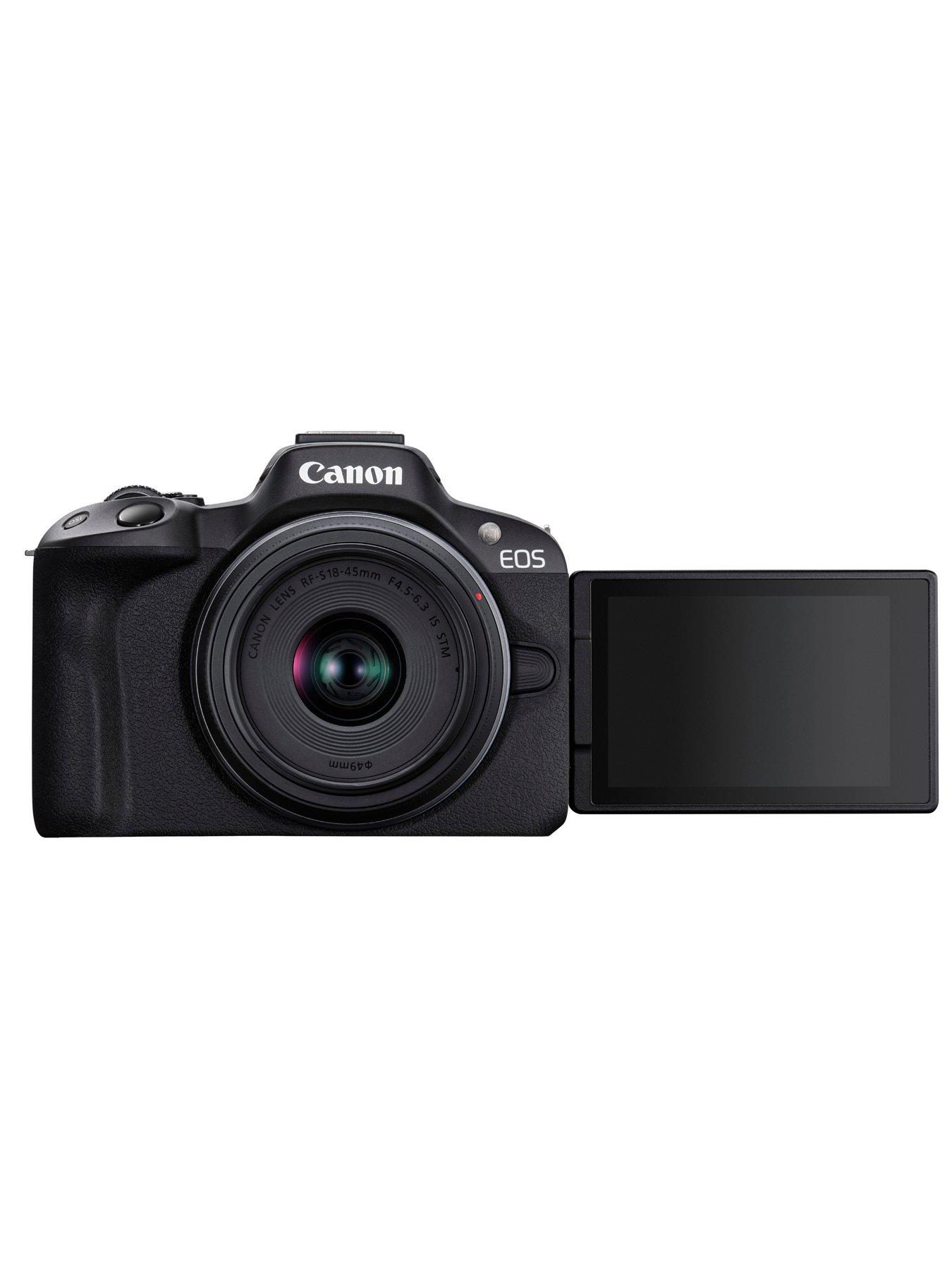 image of canon-eos-r50-camera-with-rf-s-18-45mm-lens-cp1500-printer-kp-36ip-36-shots-black