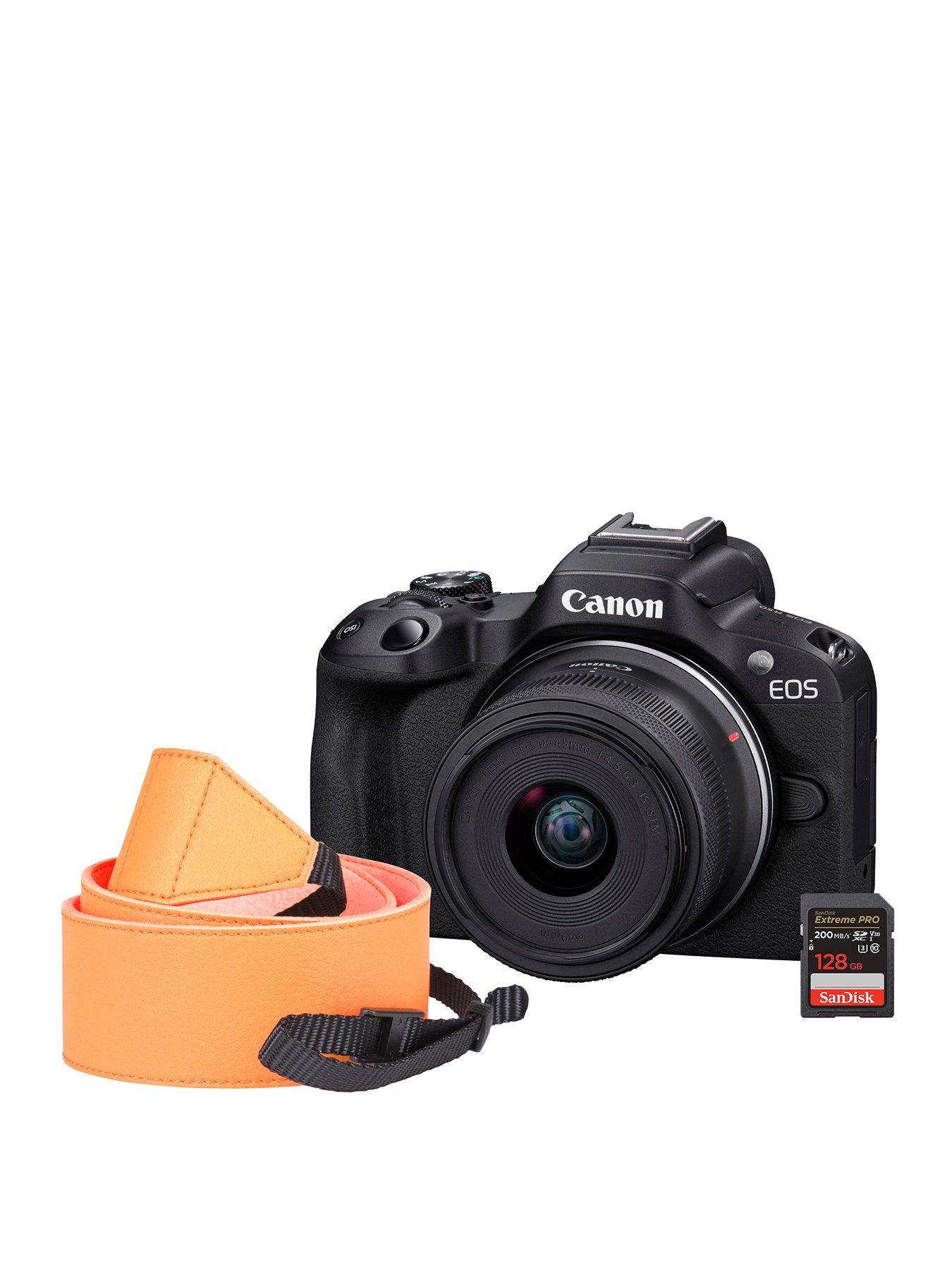 Canon EOS R50 Camera Kit inc Canon RF-S 18-45mm Lens, Sandisk 128GB SD Card  &  Neck Strap - Black