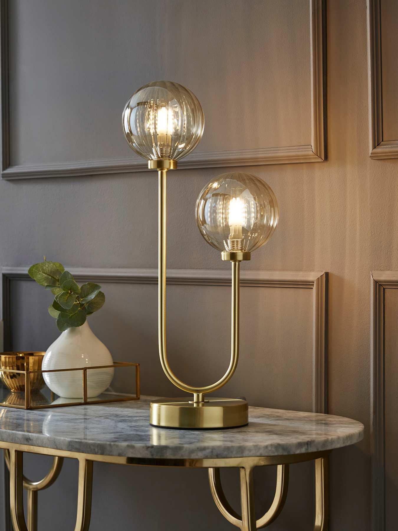 ValueLights Chessy Gold Metal Bar 2 Way Dual Table Lamp with Amber Ribbed Glass Globe Shades