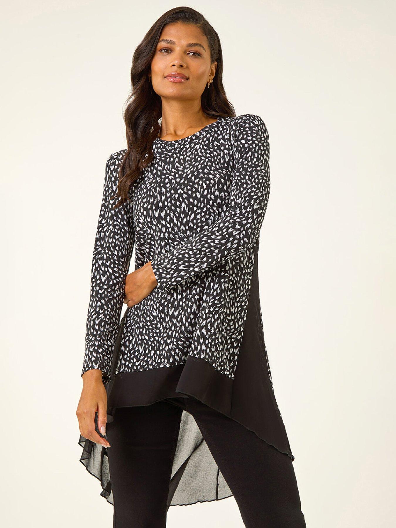 Roman Spot Print Chiffon Hem Stretch Top - Black