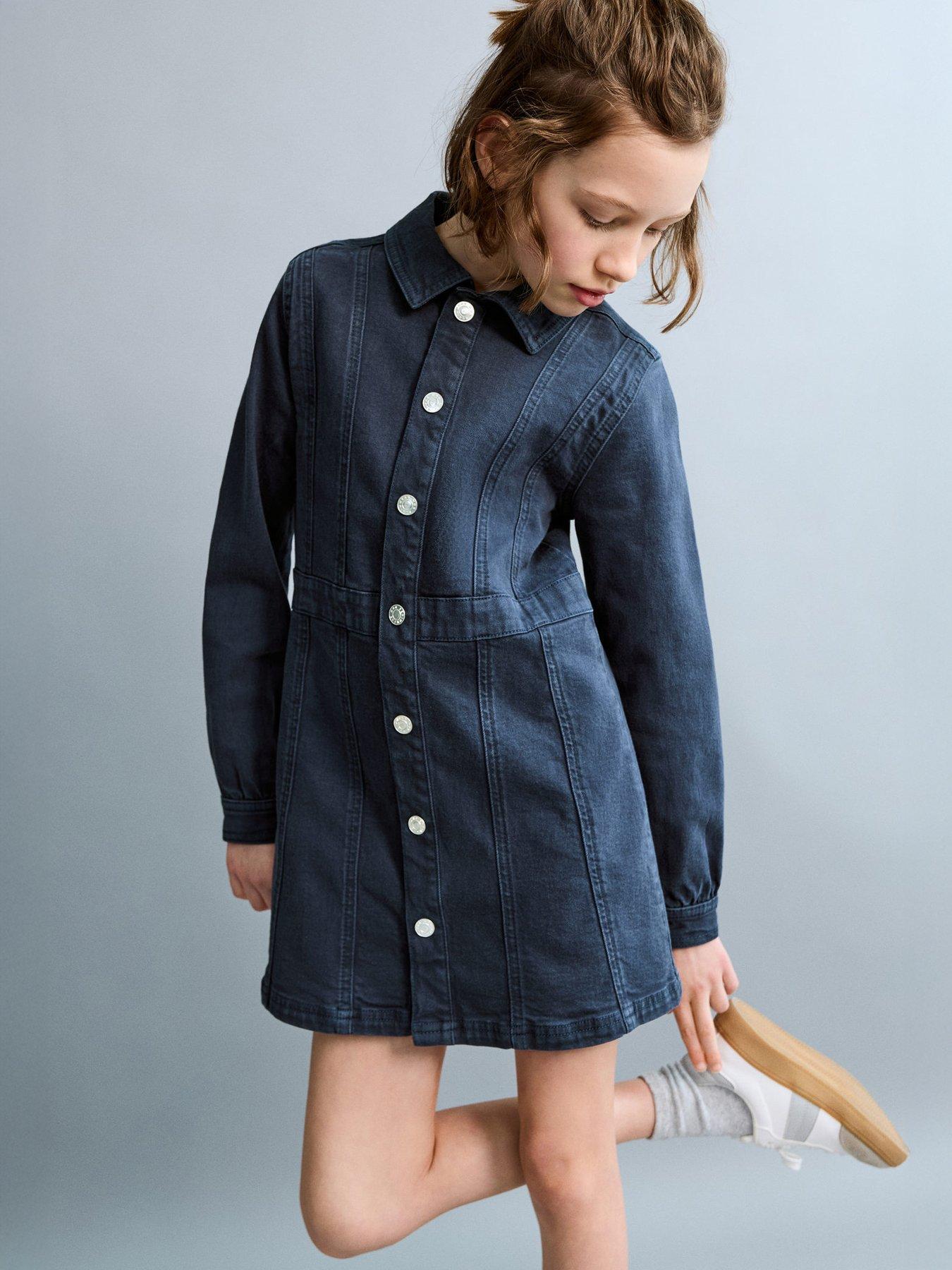 Mango Girls Long Sleeve Button Through Denim Dress - Navy