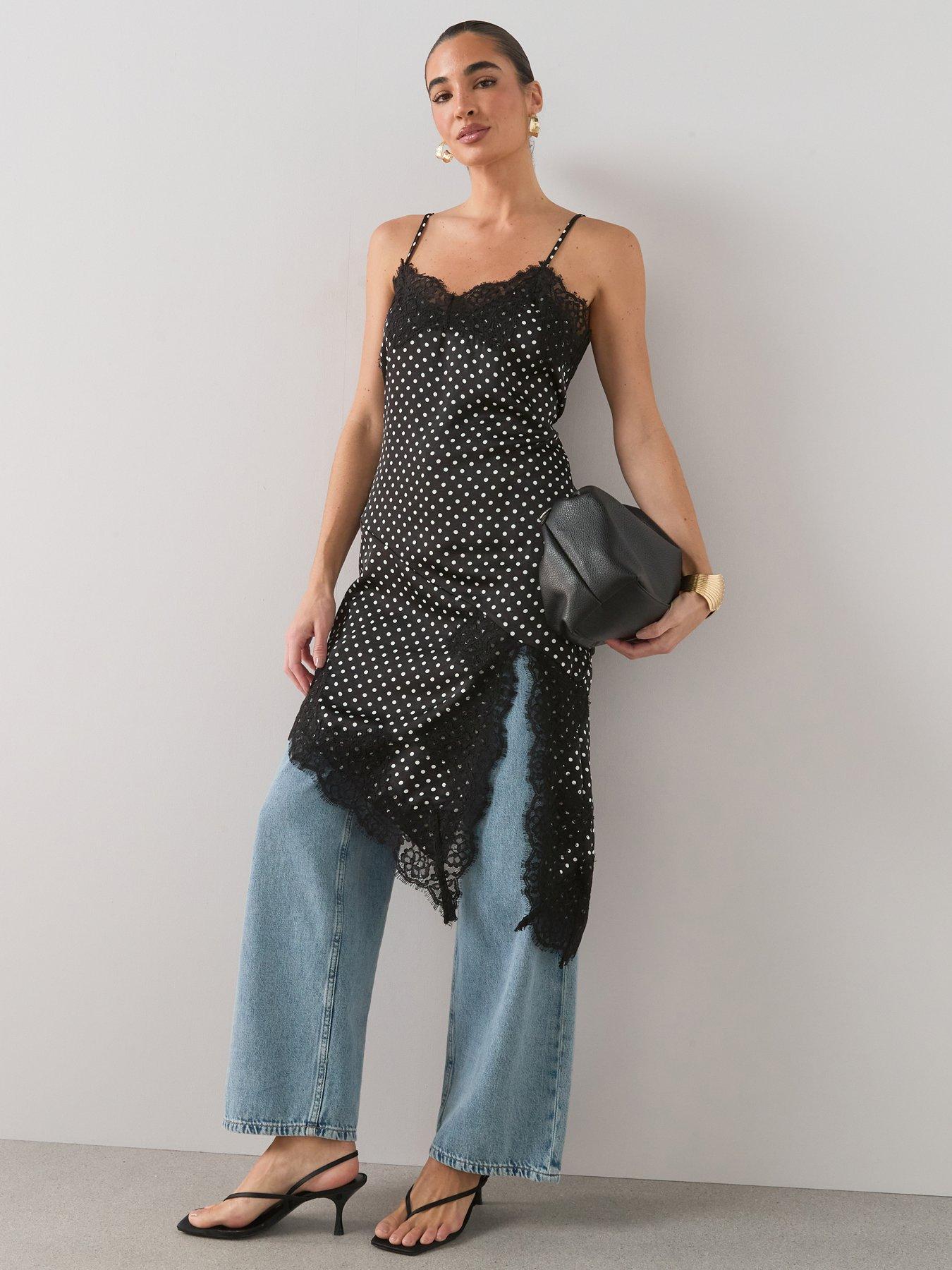 The Very Collection Lace Trim Asymmetric Hem Slip Dress - Polka Dot