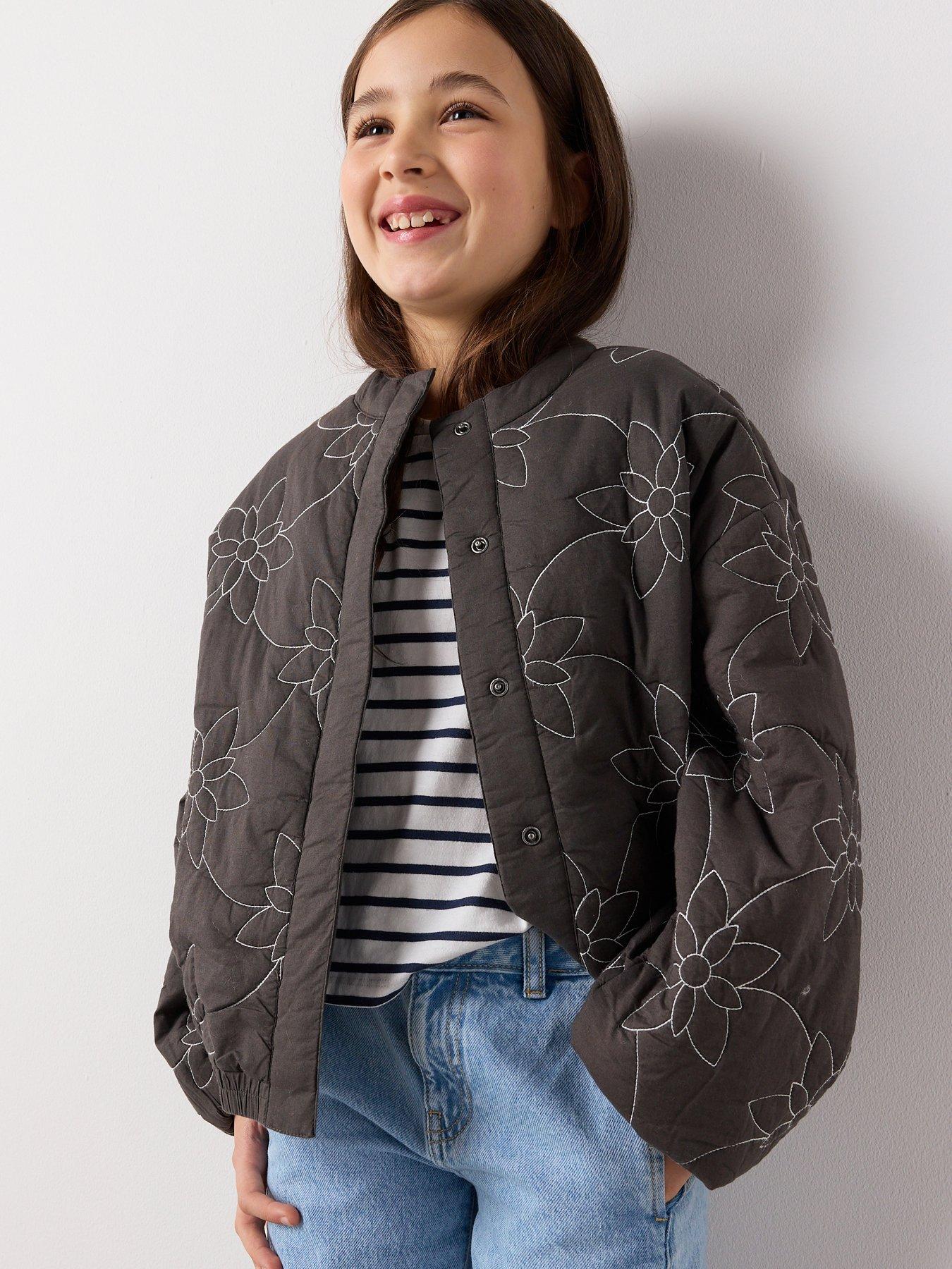 Mango Girls Flower Embroidered Jacket - Dark Grey