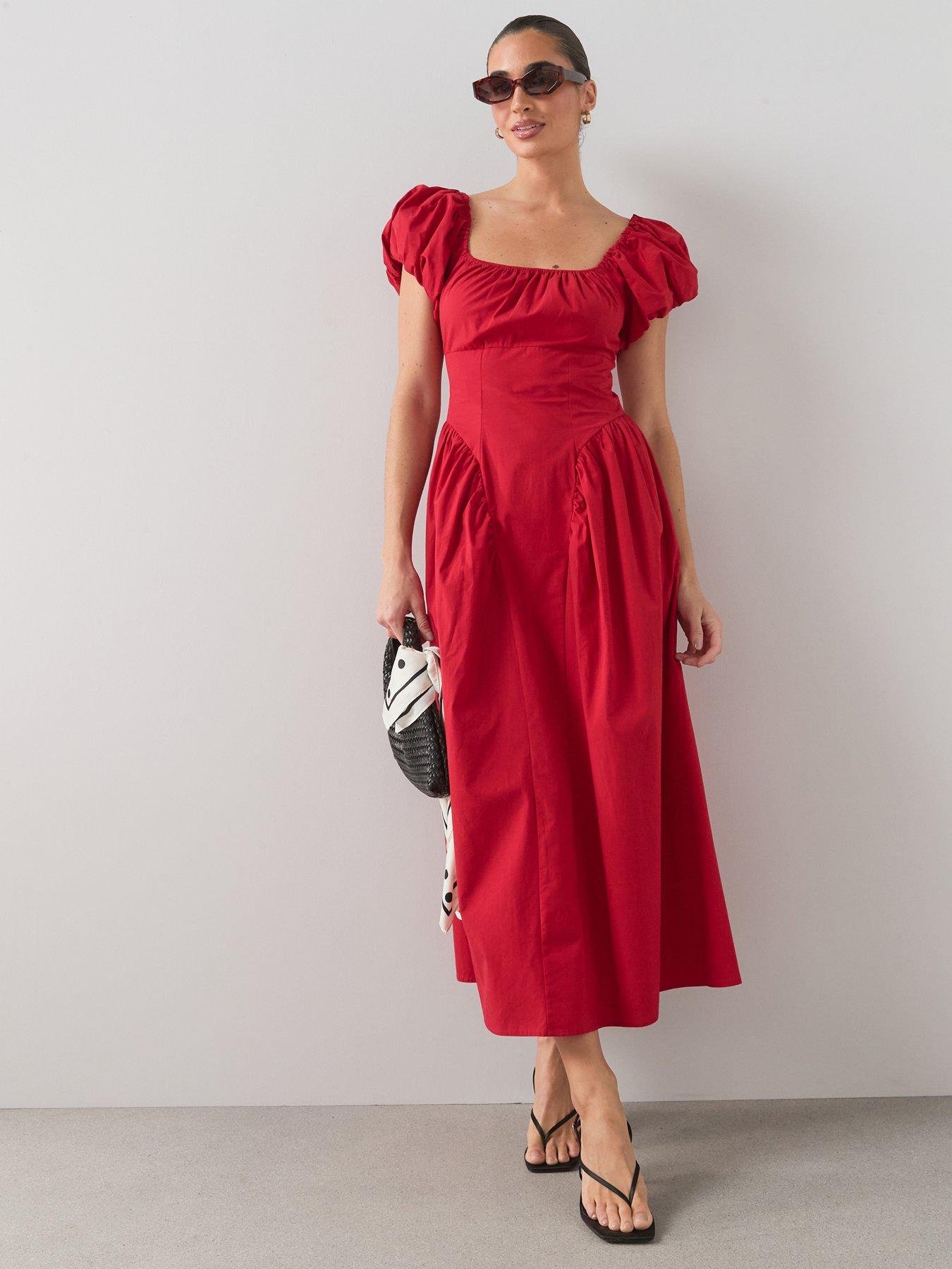 The Very Collection Puff Sleeve Corset Detail Midaxi Dress - Red