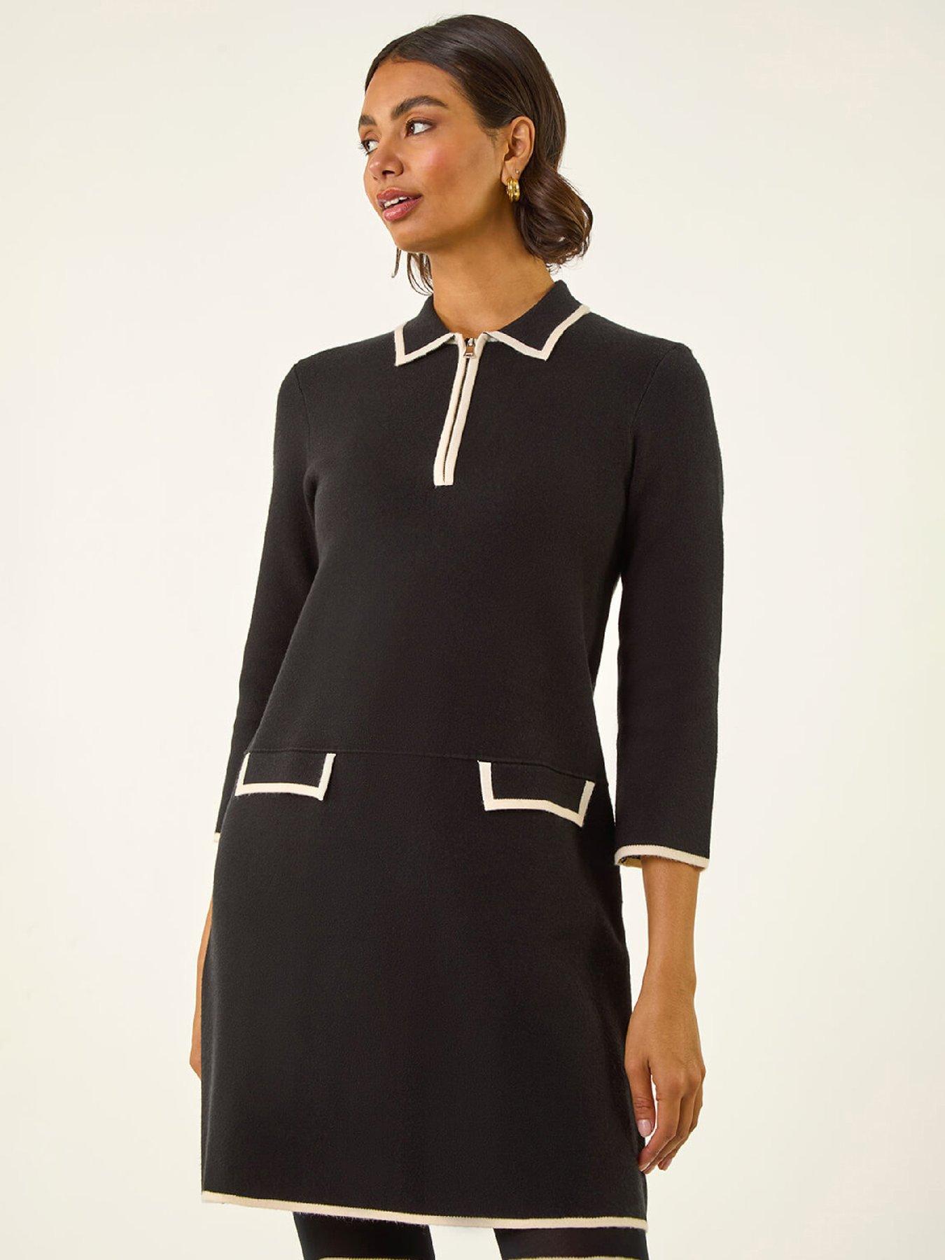 Image 1 of 5 of Roman Contrast Zip Collared Knit Dress - Black