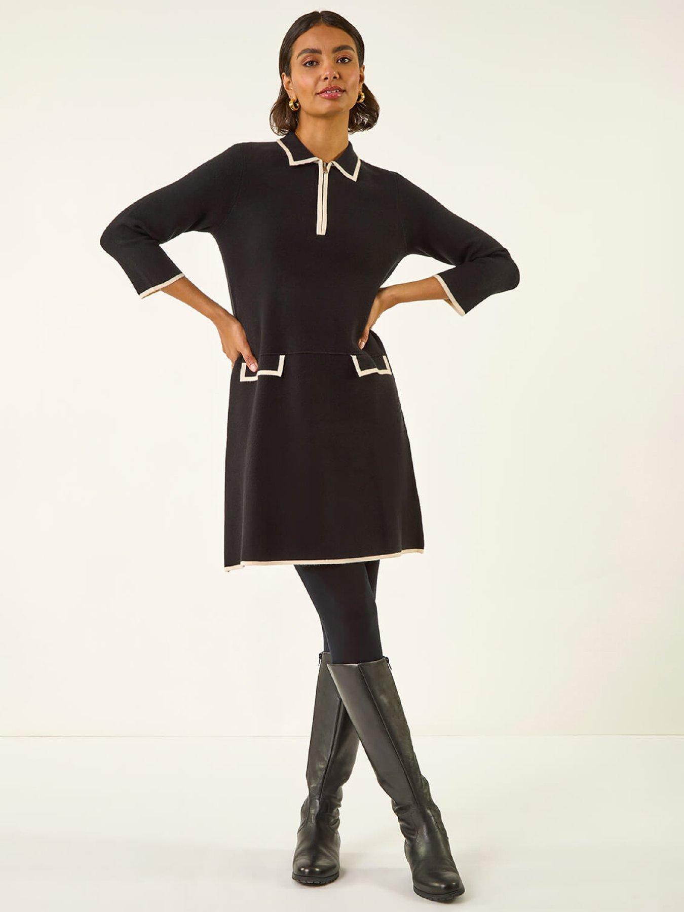 Image 3 of 5 of Roman Contrast Zip Collared Knit Dress - Black