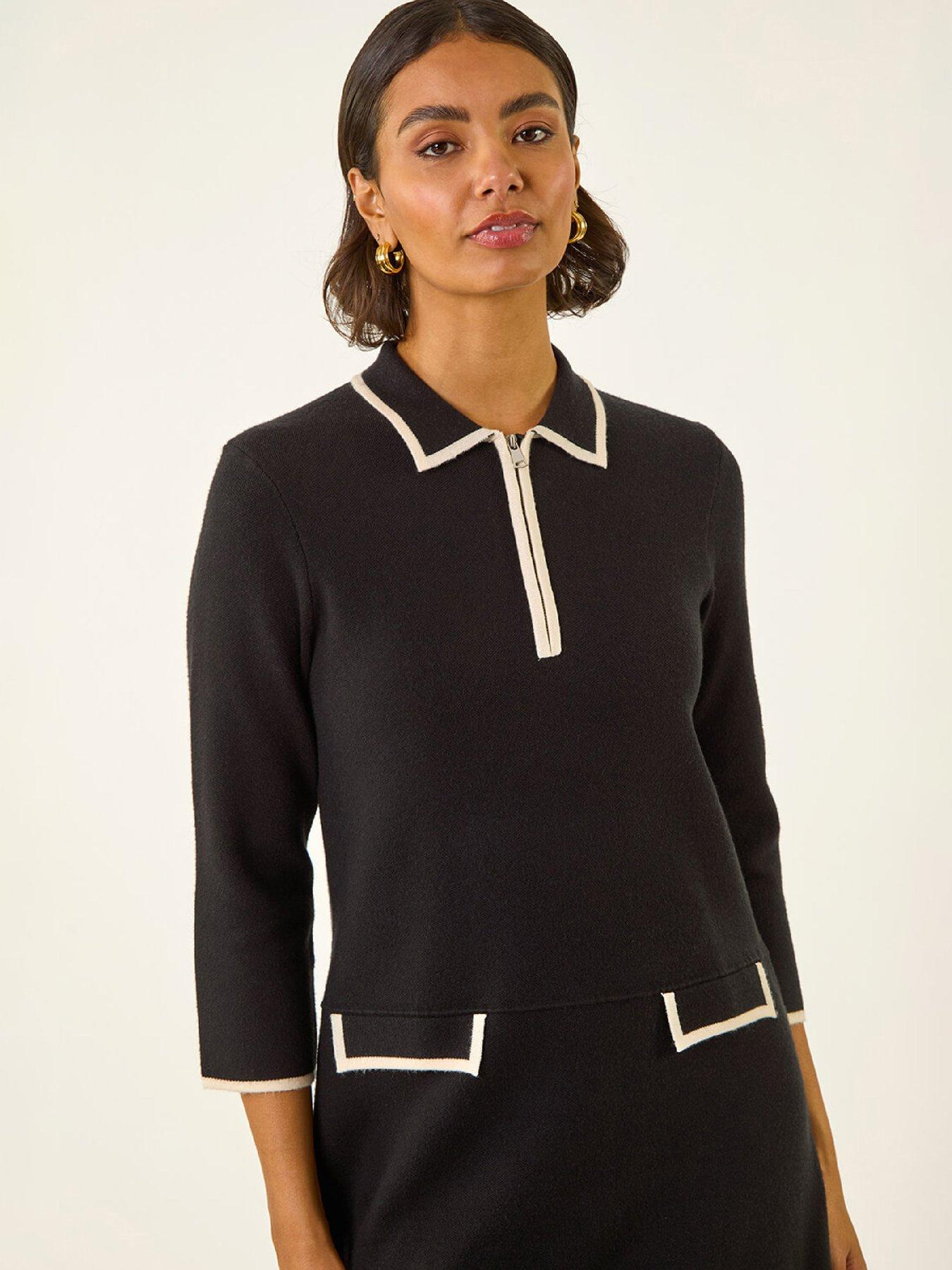 Image 4 of 5 of Roman Contrast Zip Collared Knit Dress - Black