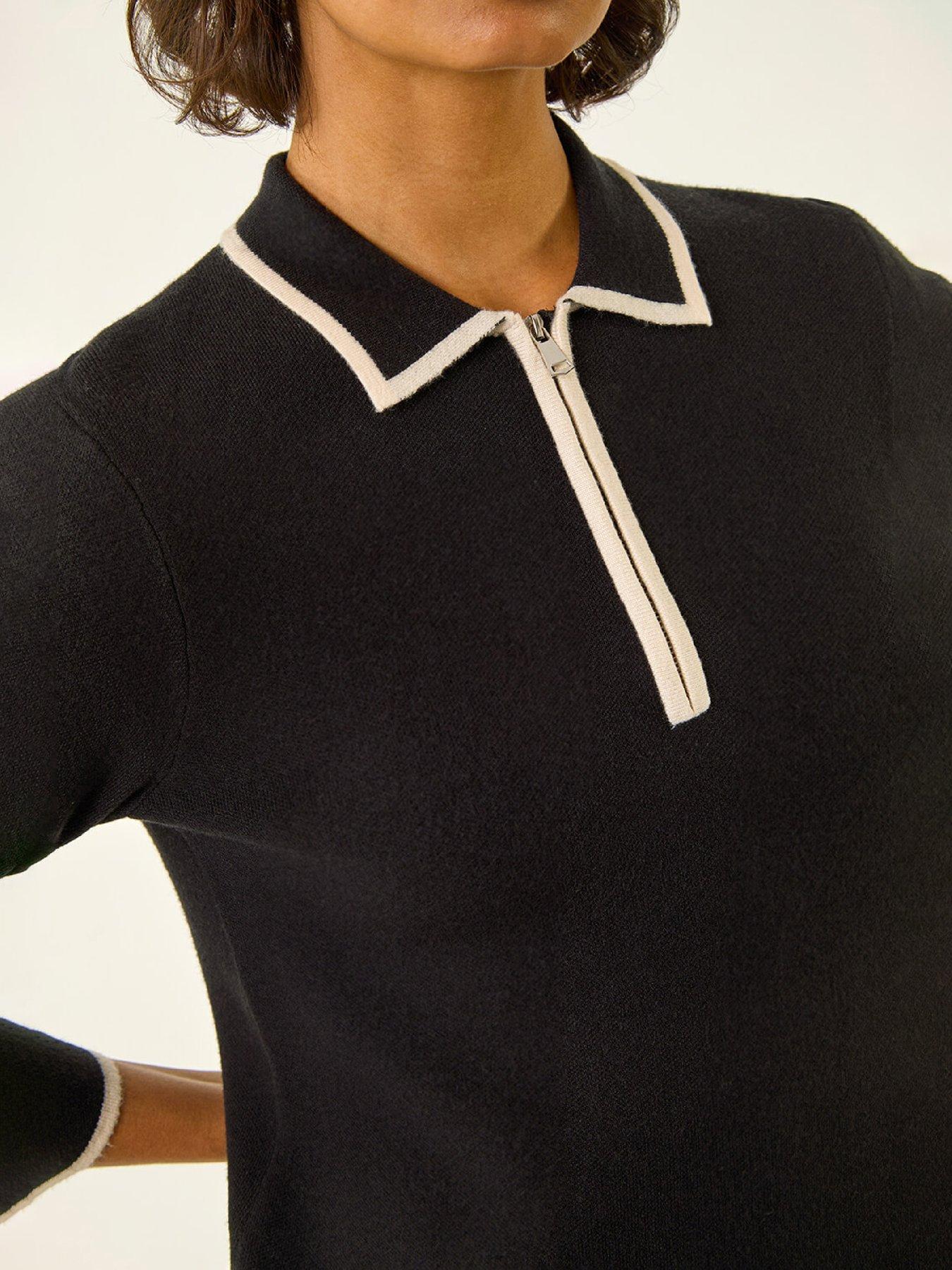 Image 5 of 5 of Roman Contrast Zip Collared Knit Dress - Black