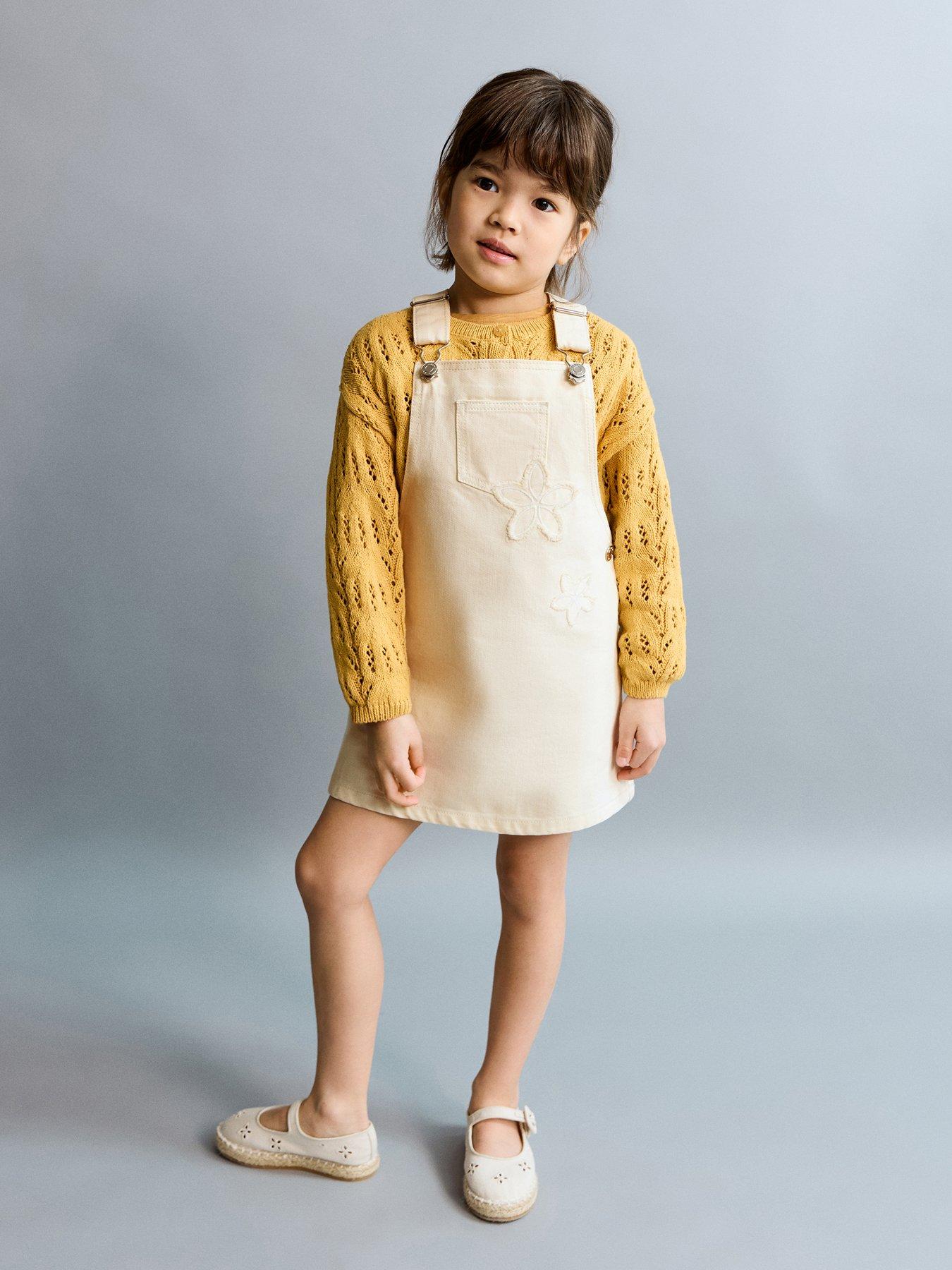 Mango Younger Girls Flower Patch Denim Dungaree Dress - Cream