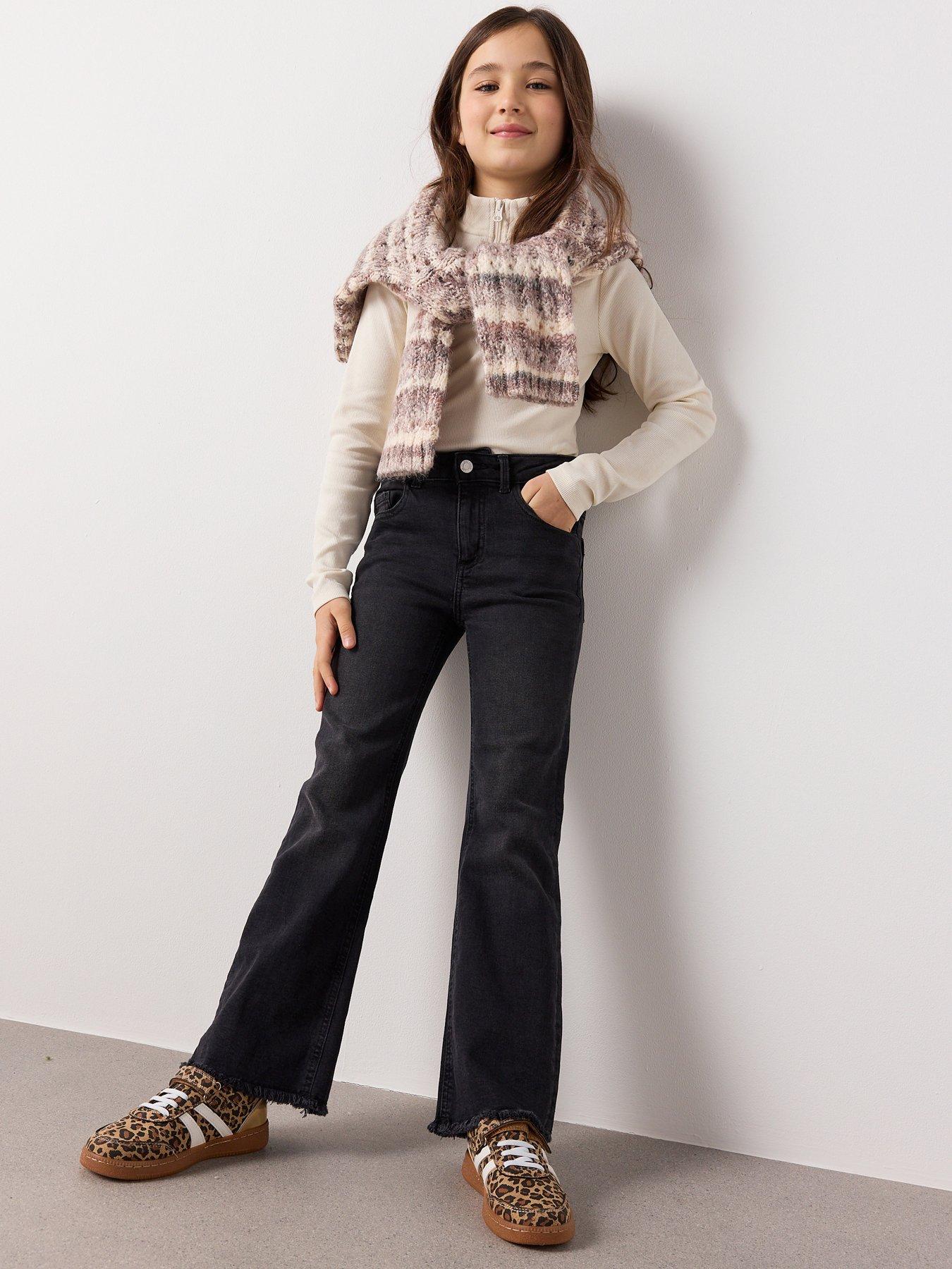 Mango Girls Frayed Hem Flare Jeans - Black