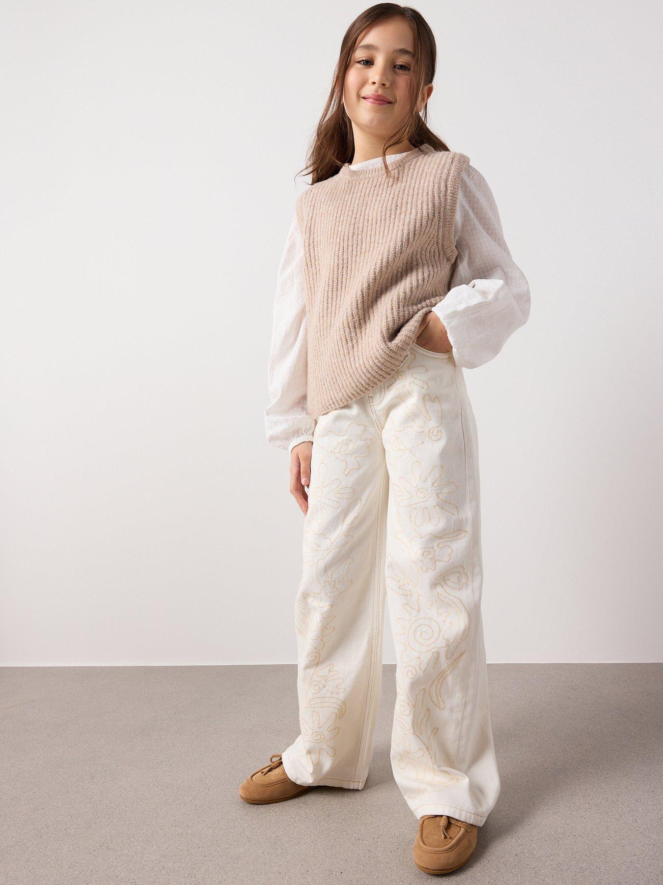 Mango Girls Floral Embroidered Wide Leg Denim Jeans - Cream