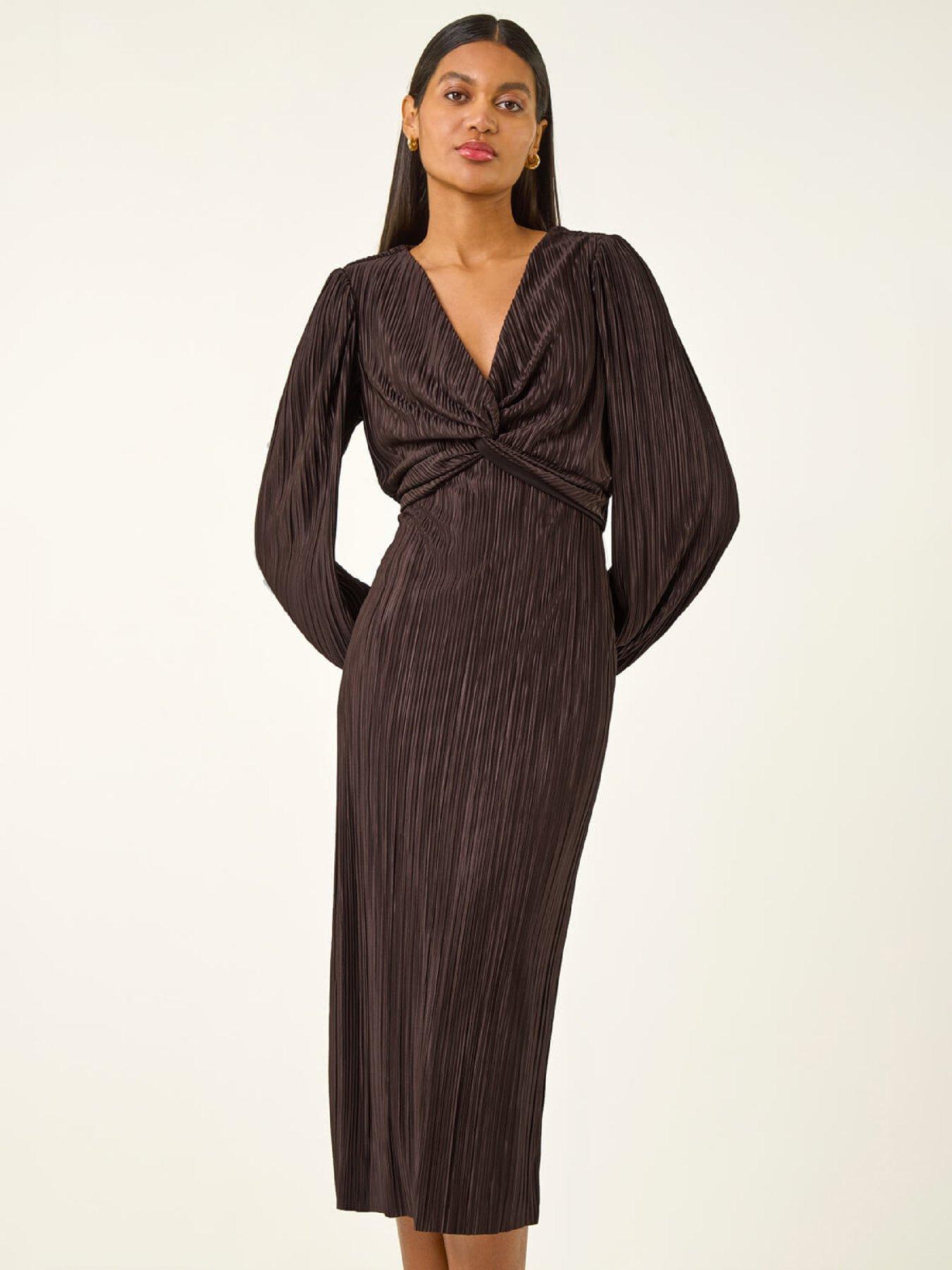 Roman Plisse Twist Front Midi Dress - Chocolate